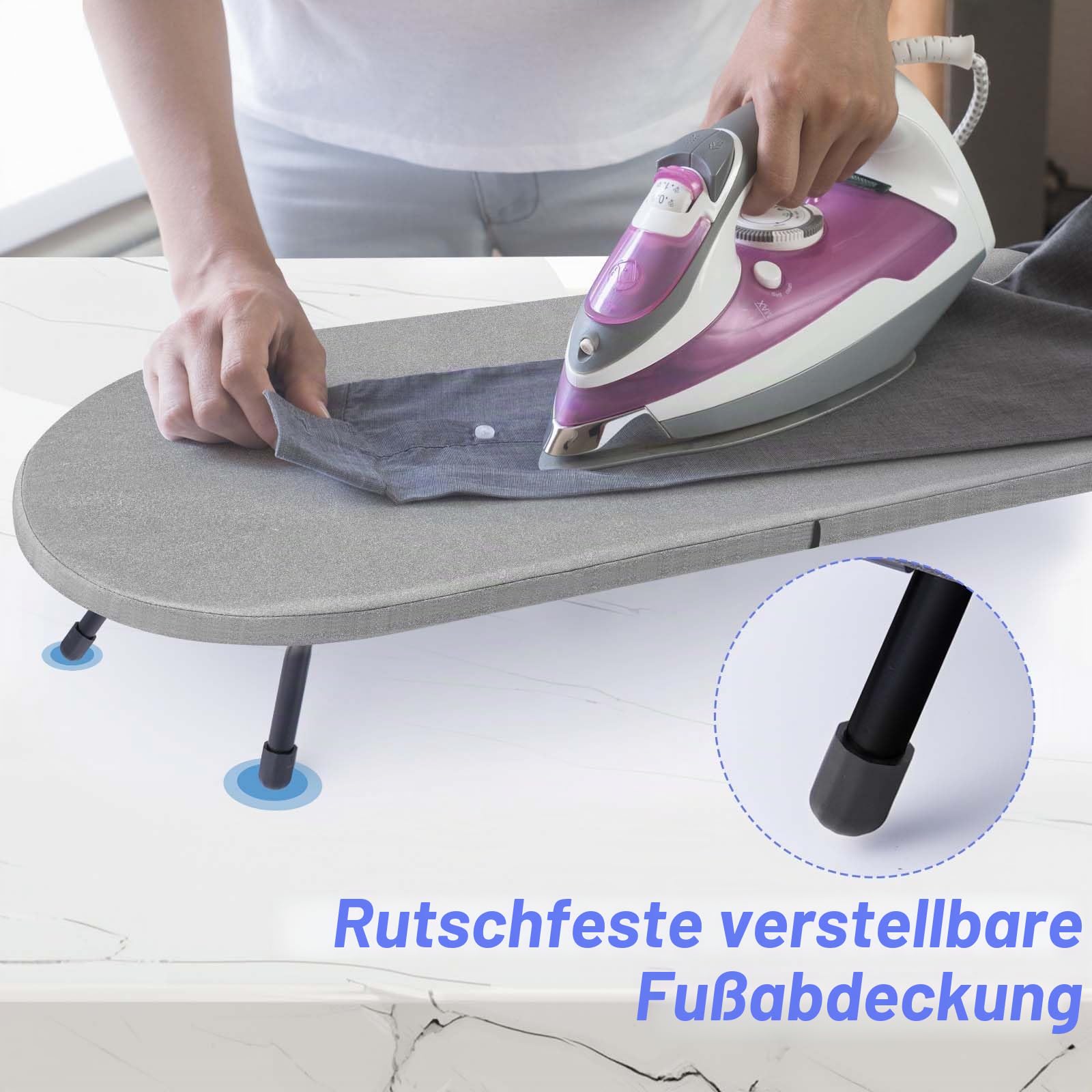 Klappbares Tischbügelbrett mit Eisenständer, Kleines Bügelbrett mit Anti-Rutsch-Klappbeine, Stabil Metallgewebe Bügelbrett für Wohnheime, Wohnungen und Reisen, 83x31 cm, Grau