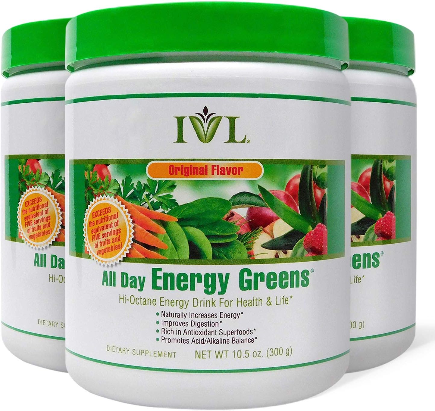 IVL Hi-Octane All Day Healthy Energy Greens Powder, 30 Servings per Canister, Original Flavor (Pack of 3)