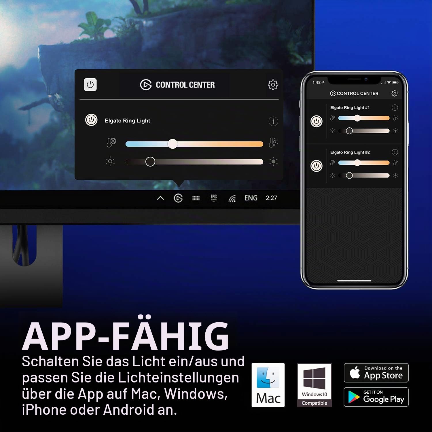 Elgato Ring Light - Hochwertige Beleuchtung in 2500 Lumen mit Tischklemme und Kugelgelenk zum Streamen, TikTok, Instagram, Home Office, Temperatur und Helligkeit per App anpassbar auf Mac, PC, Android