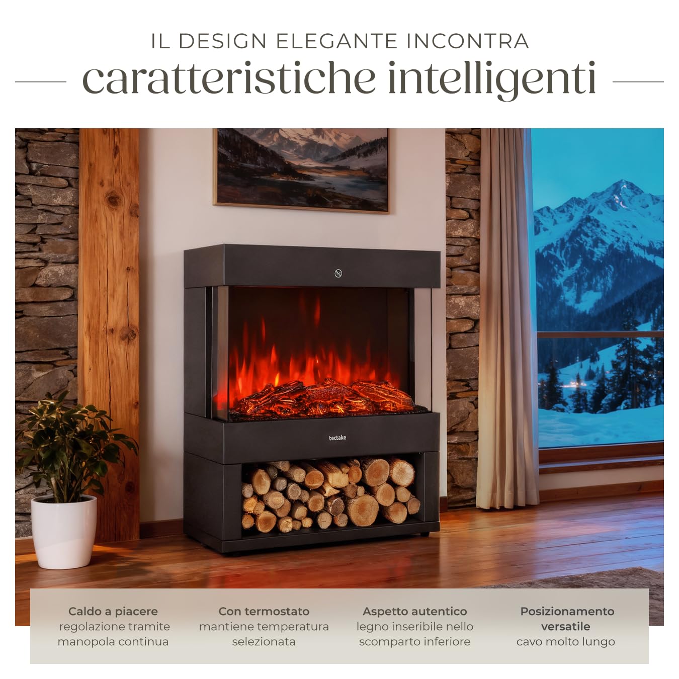 tectake® Caminetto elettrico da terra, 60 x 73,5 x 33 cm, Camino Elettrico da pavimento, 2 livelli di calore 900/1800 W, termostato, effetto fiamma fuoco finto 3D, riscaldamento Casa, Stufa Elettrica