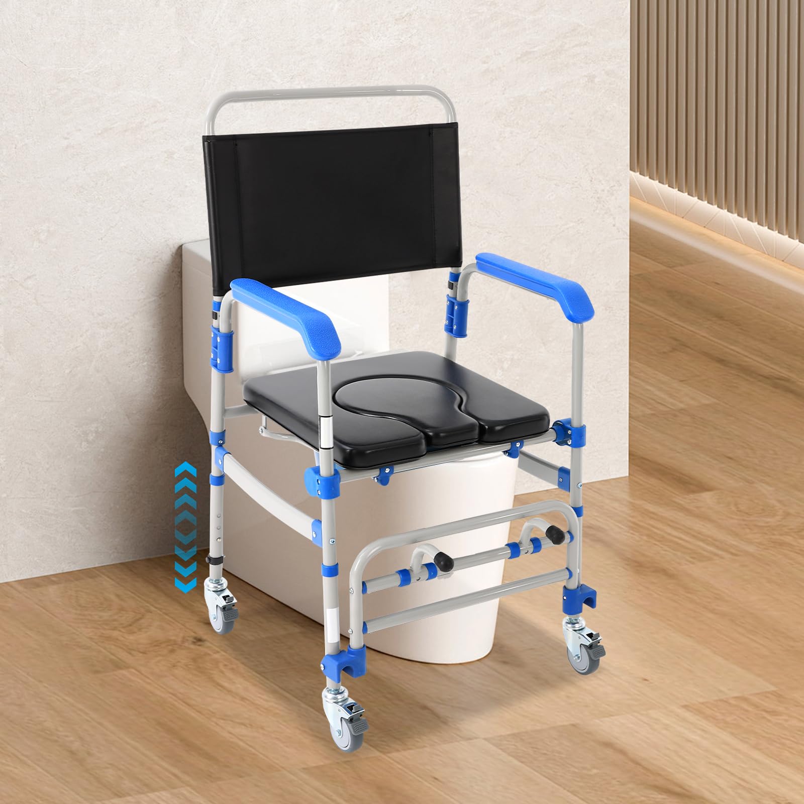 Silla de inodoro para personas mayores, plegable con ruedas, capacidad de carga de 125 kg y 4 ruedas de freno, altura ajustable (41-49 cm), para personas mayores y personas con movilidad reducida