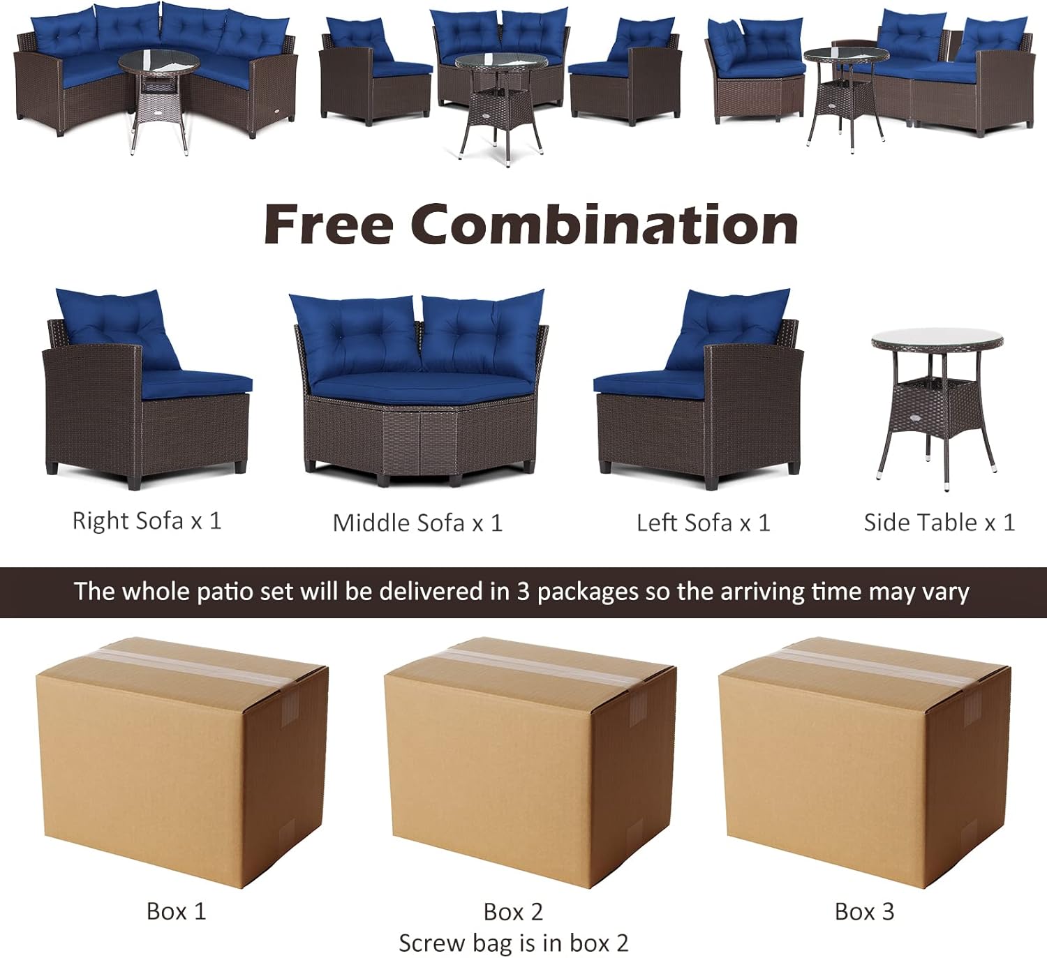 Tangkula 4 Piece Outdoor Sectional Sofa Set, Half-Moon All Weather Heavy Duty Corner Patio Furniture Set with Round Side Table, Soft-Padded Cushions, for Backyard, Poolside, Deck (Navy)