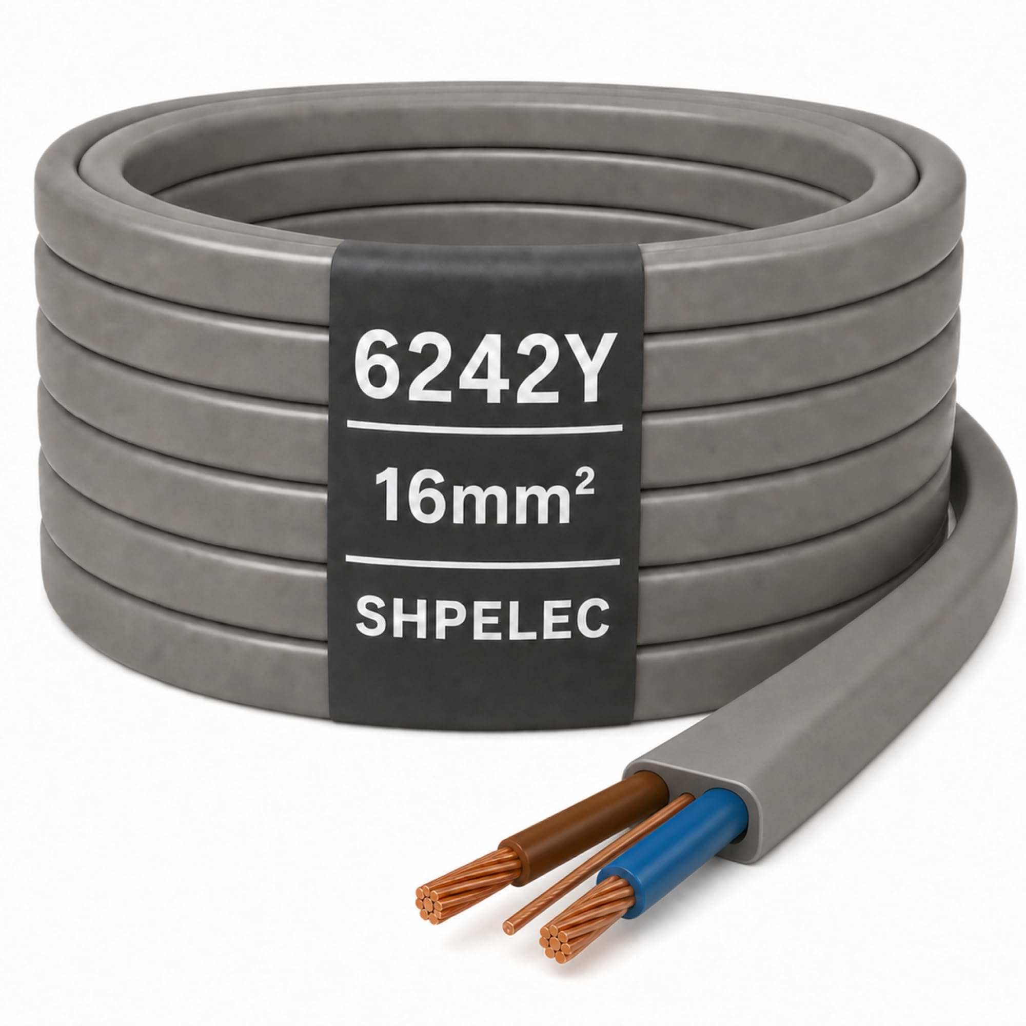 SHPELEC® Twin & Earth 16mm Cable – 6242Y – Grey PVC Sheathed Electrical Cable – 16mm² Twin & Earth Wiring for Cooker and Shower Circuits, Consumer Units (16mm, 4m) — image 1