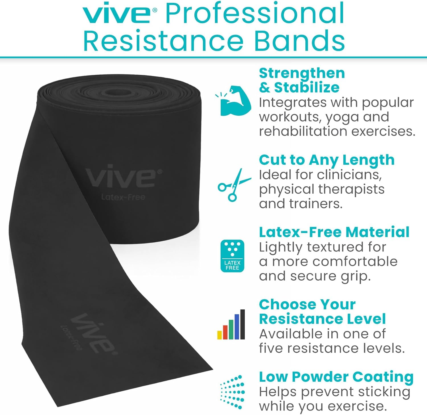 Vive Professional Resistance Bands - 25 Yard Non-Latex Roll for Physical Therapy, Lower and Upper Body Exercise Workout - Straight Elastic for Strength Training, Rehabilitation, Women, Men