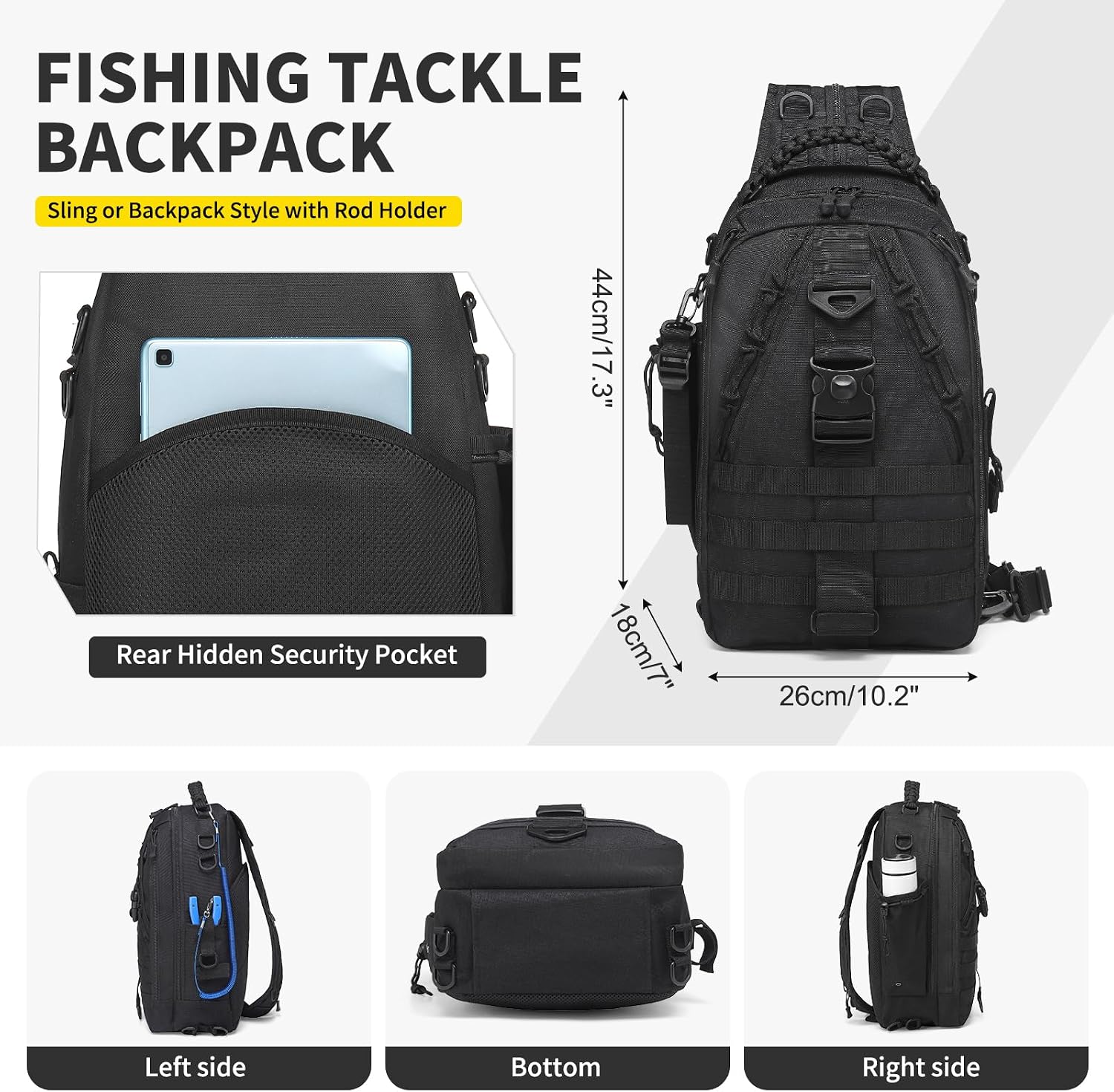 Fishing Tackle Backpack for Men, Sling or Backpack Style with Rod Holder, Waterproof, Great for Anglers, Boat Fishing, Hiking Trips, Black