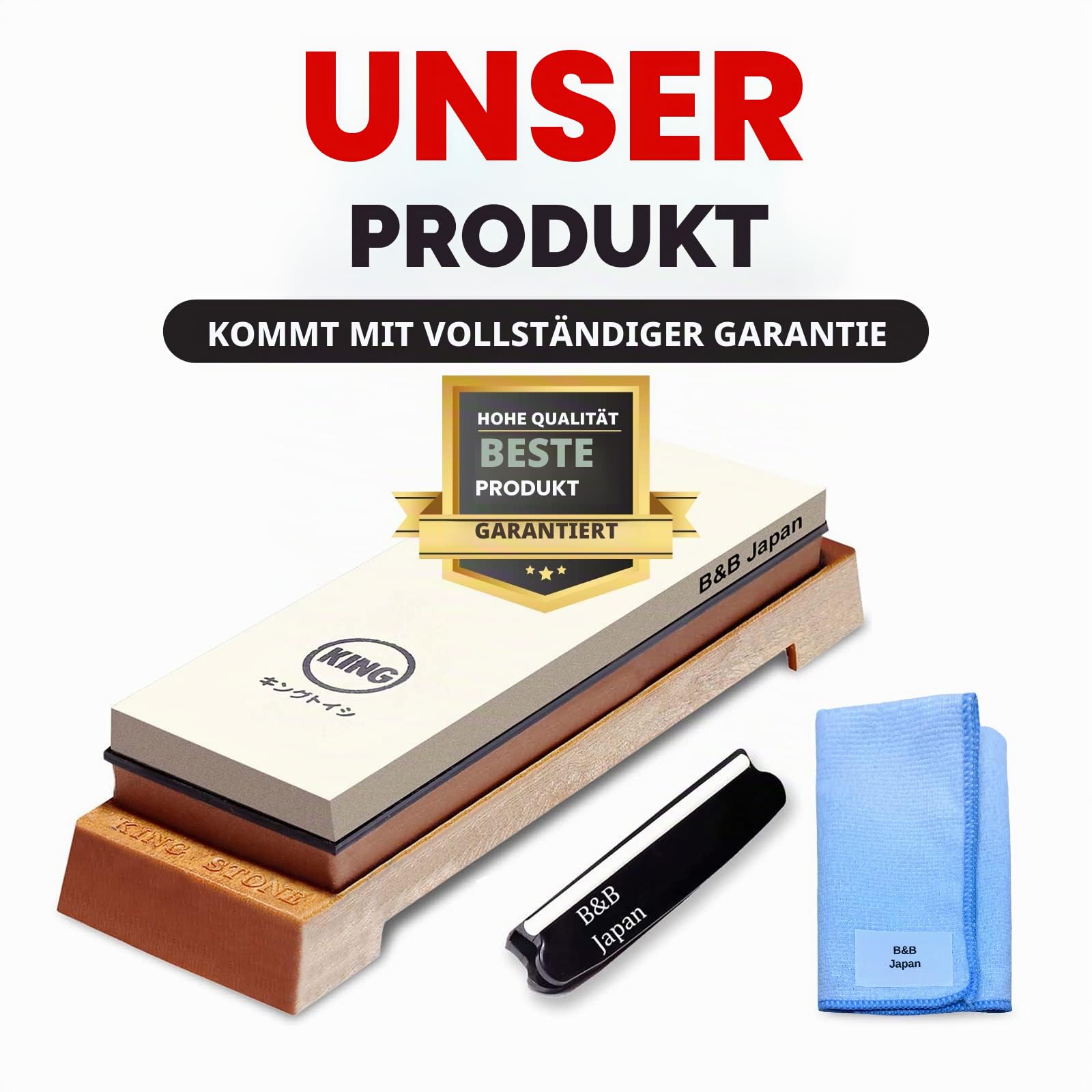 KING Schleifstein-Starter-Set enthält 1000/6000er Körnung, Kombinationsschleifstein, hergestellt in Japan, Messerwinkelhalter, B&B Japan Original Wischtuch und stabile Kunststoffbasis