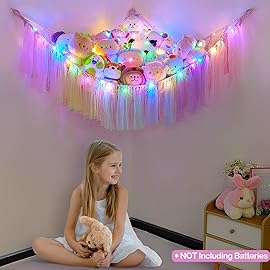 FIOBEE Stuffed Animals Net or Hammock with LED Light, Toy Hammock Hanging Stuffed Animals Storage Organizer Holder Room Dcor for Nursery Kids Bedroom