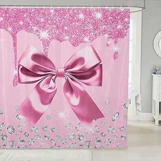 Feelyou Watercolor Bow Shower Curtain for Bathroom Decor 72"x78" Kids Cute Bowknot Bath Curtain for Boys Girls Teens Coquette Bows Bathroom Accessories Waterproof Polyester Fabric Pink Silver