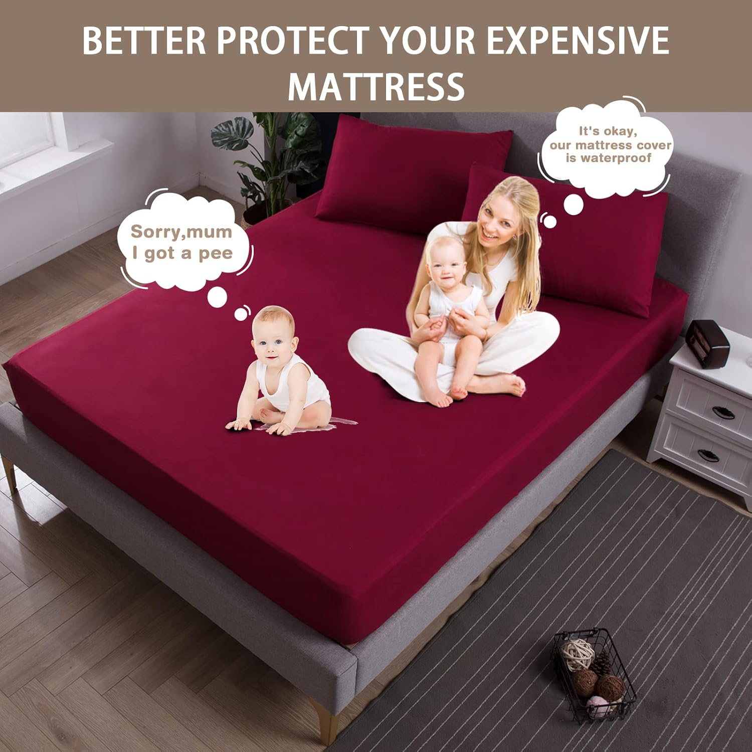 Mecerock Mattress Protector, Breathable and Soft Waterproof Mattress Protector, Mattress Cover, Wine Red Mattress Cover Queen Size Bed