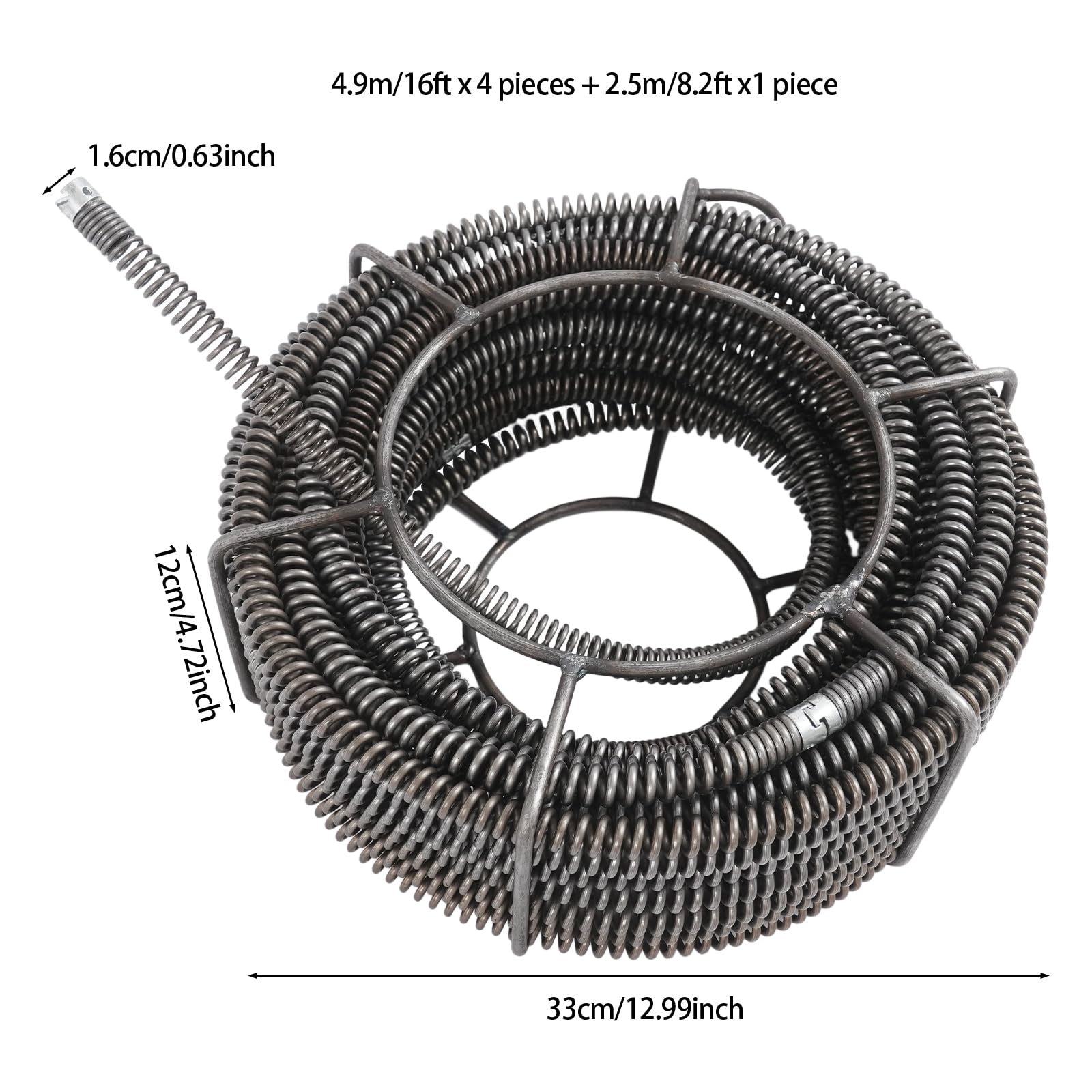 Set profesional de limpieza de tuberías en espiral de 22,1 m (4 x 4,9 m + 1 x 2,5 m) de acero inoxidable 65 Mn | Para codos de 90° y tubos de desagüe 30-100 mm, compatible con máquinas de limpieza (16