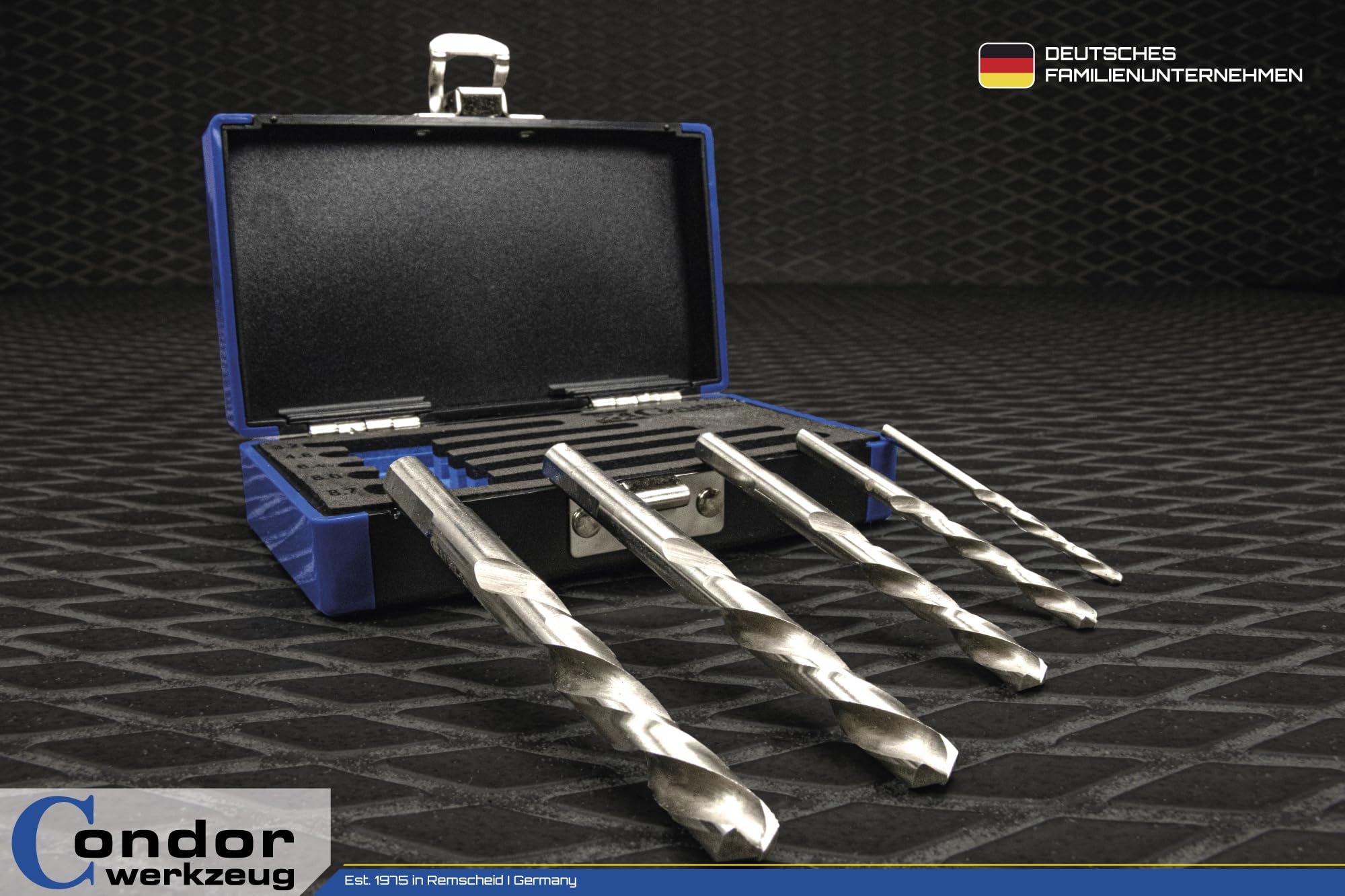 Condor Outil 39615 | Jeu de forets hélicoïdaux | Coupe à gauche | 5 pièces | HSS-E Cobalt 5 % | Ø 3,2-8,7 | Affûtage en croix | Angle d'affûtage | Convient pour V4A, acier, fonte grise | xcess