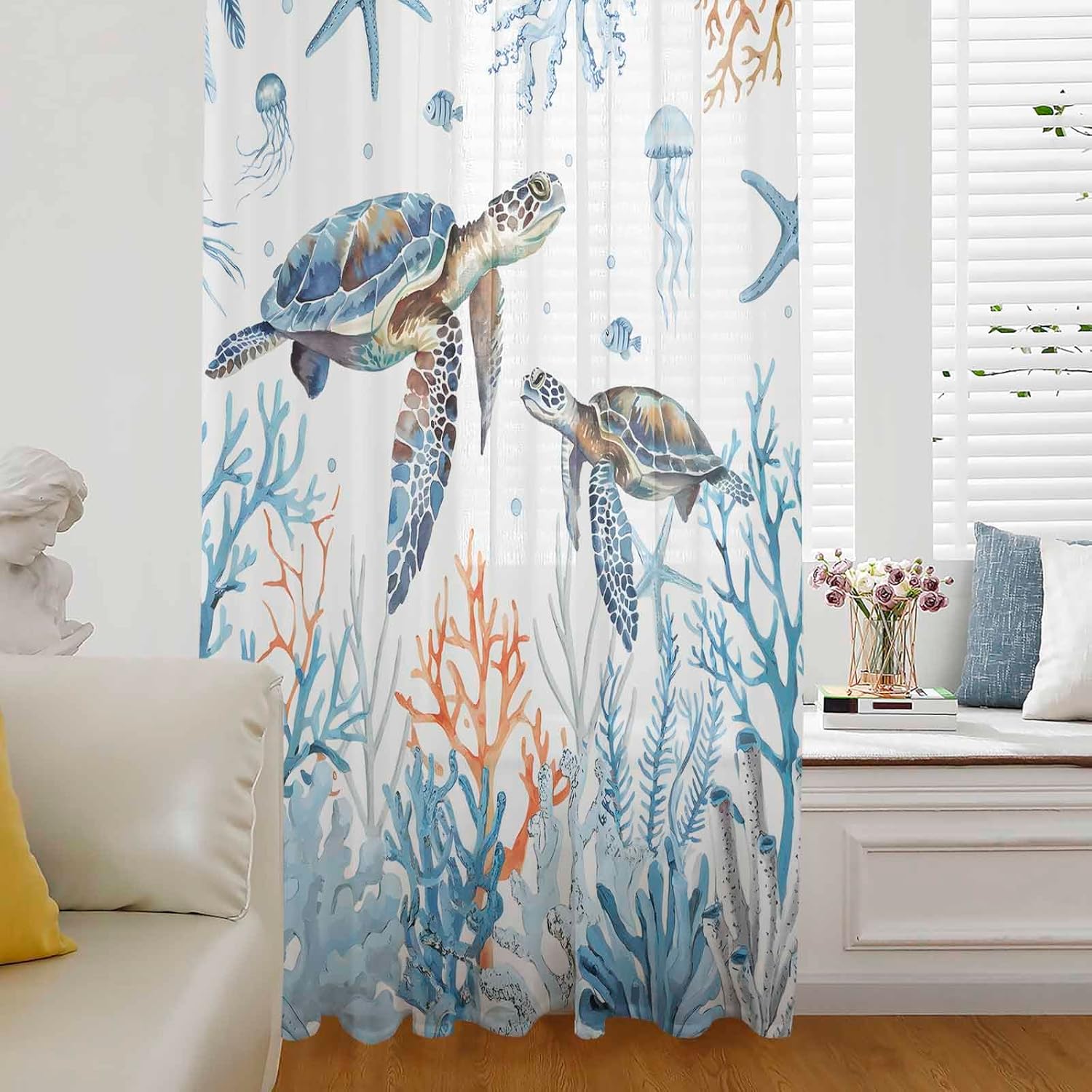 Coastal Turtle Coral Window Curtains 72 Inches Long,Semi Sheer Rod Pocket Chiffon Curtains & Drapes Drapery Voile Draperies for Living Room/Bedroom/Kitchen,Seaside Starfish Fish Jellyfish Blue