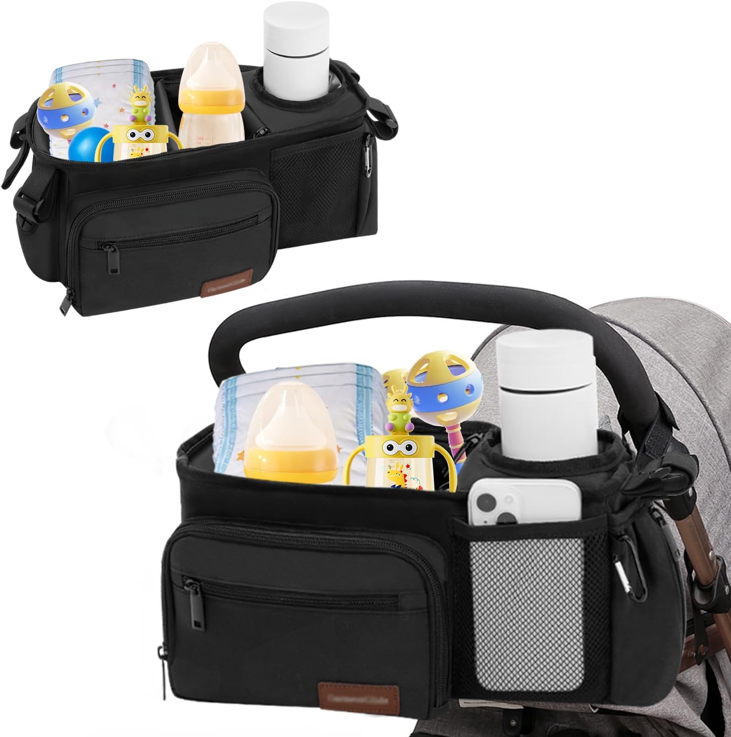 Stroller Organizer Bag with Insulated Cup Holder & Adjustable Dividers, Non-Slip Stroller Caddy with Multiple Pockets, Fits 14"-19" Handles, Water-Resistant, Black