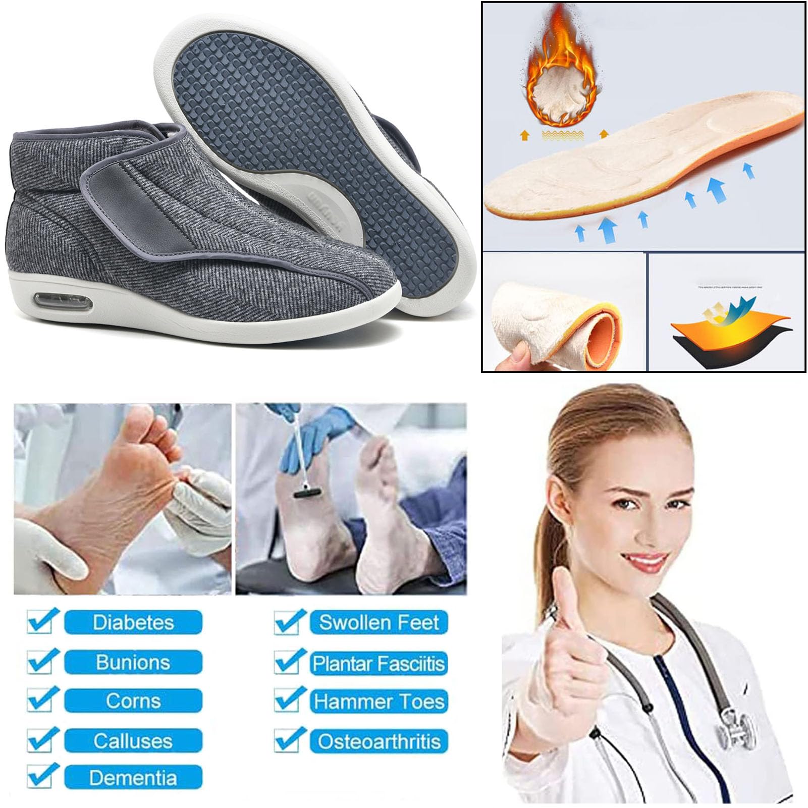 Invierno Térmica Zapatos para Diabéticos para pies Hinchados, Zapatos Deportivos Casuales Ajustables Zapatos de pies hinchados para Personas Mayores Zapatillas Gray B EU 41(27cm/10.6in)