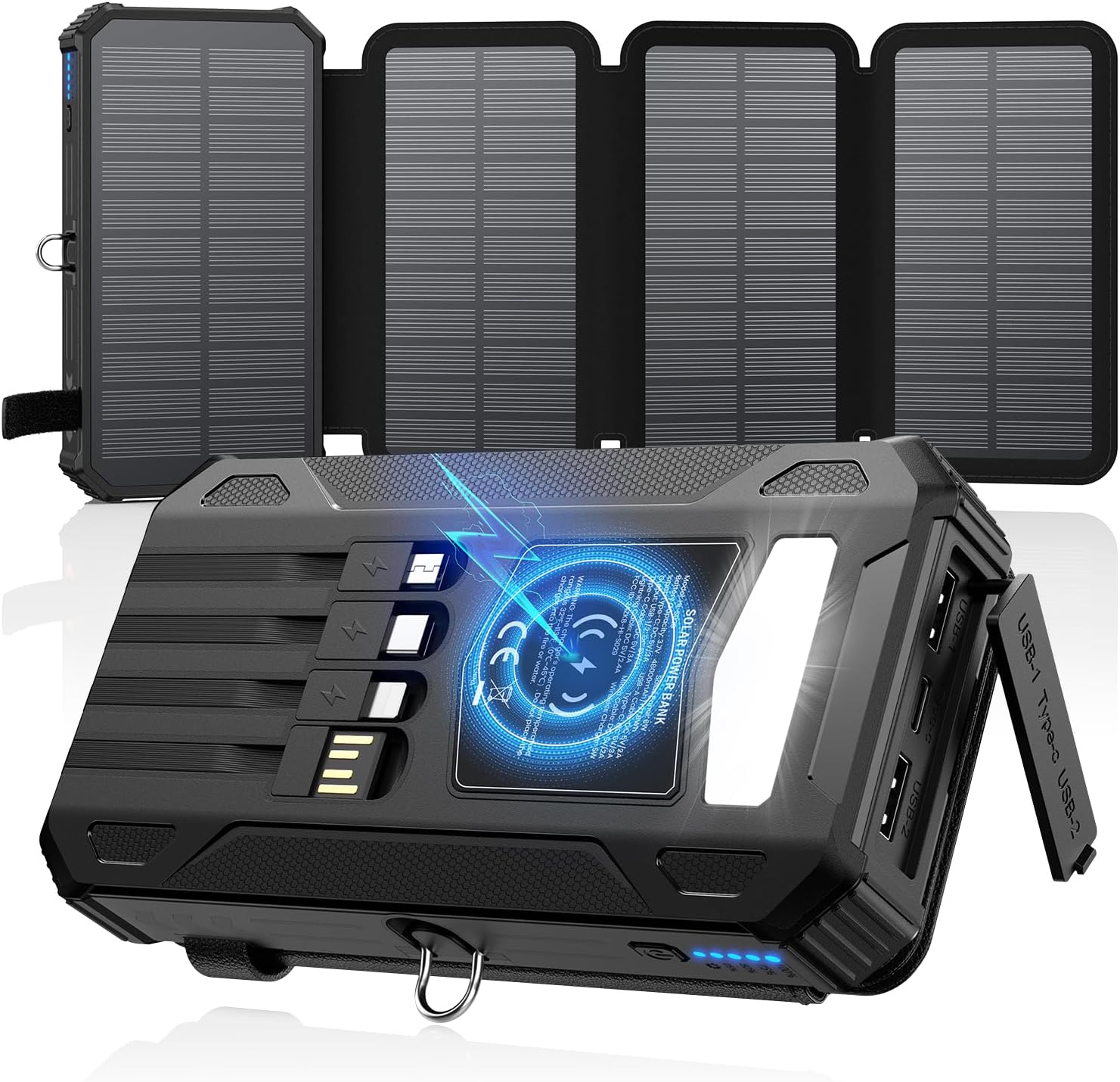 SOARAISE Solar Charger Power Bank – 48000mAh Wireless Portable Charger Built-in 4 Cables and 4 Solar Panels, PD QC 3.0 Fast Charging USB C Battery Pack with Flashlight for Camping Travel (Black)