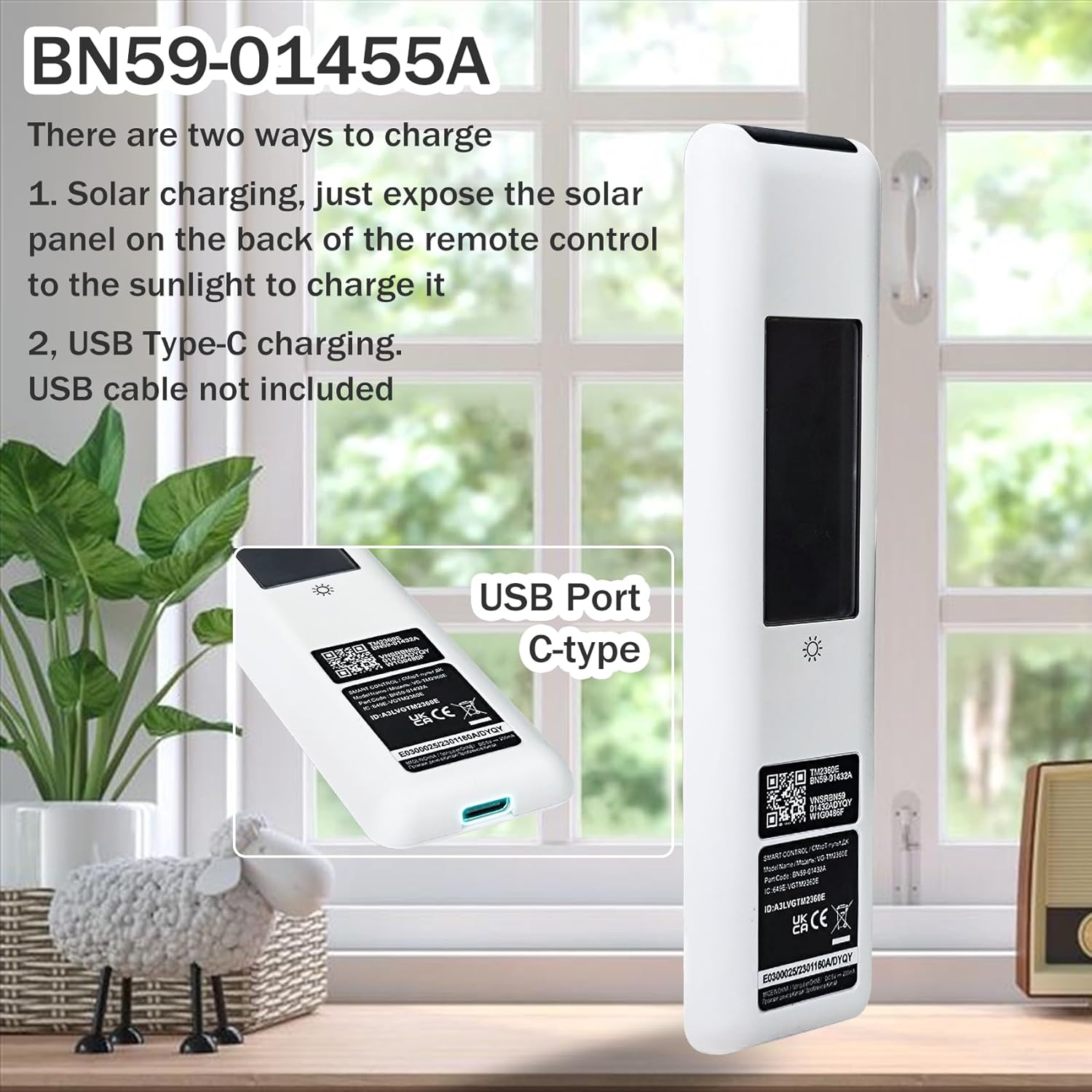 Bxmgr BN59-01455A remote control showing the solar panel on the back and the USB Type-C port