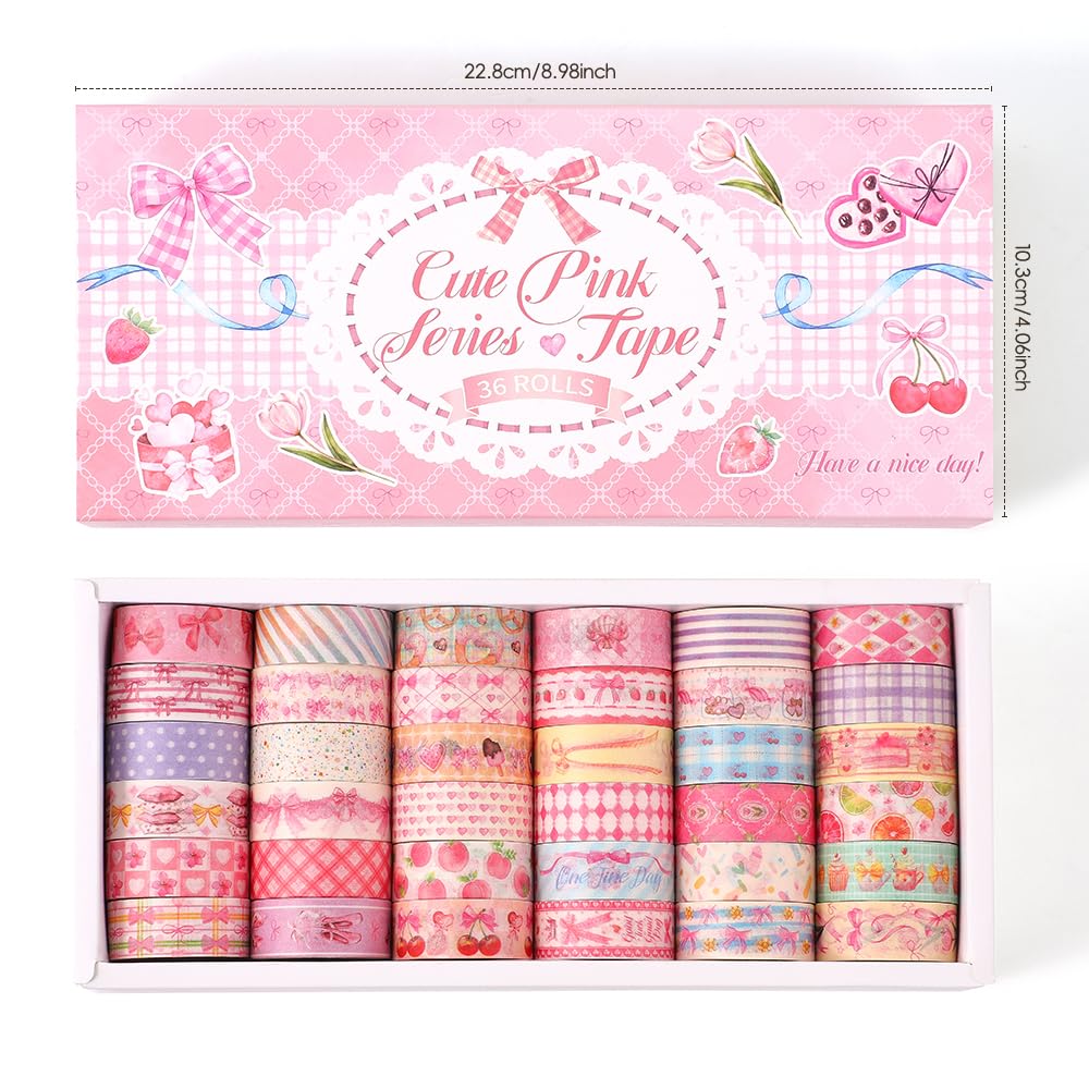 36ロール スイートピンクテーマ和紙テープセット さまざまなカラフルなパターン スクラップブック、聖書ジャーナリング、弾丸ジャーナリ