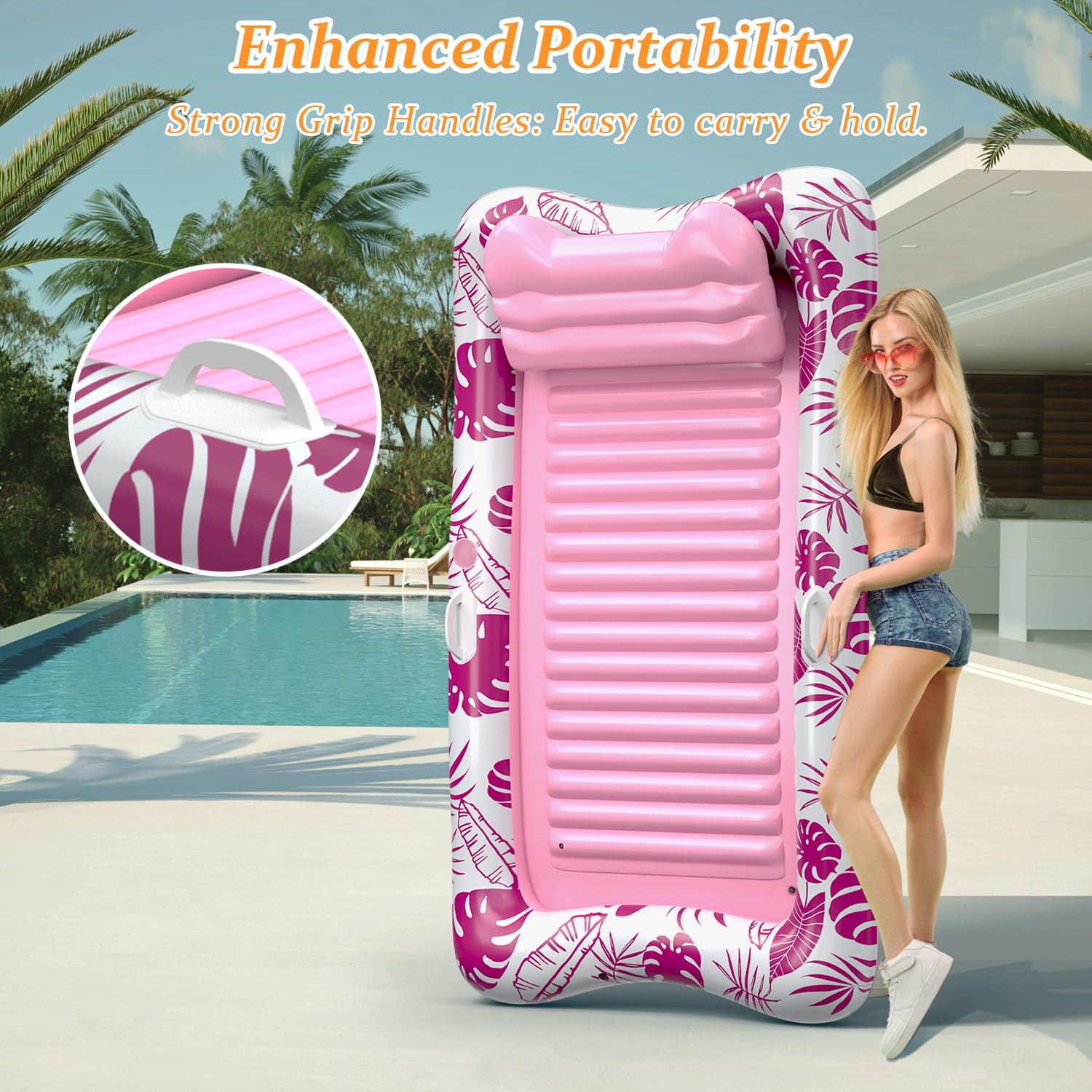 Rrtizan Radeaux de piscine gonflables pour adultes, 212,1 x 133,1 cm avec oreiller, porte-gobelet et poignées, flotteur 4 en 1 pour piscine, jardin, piscine à balles pour enfants