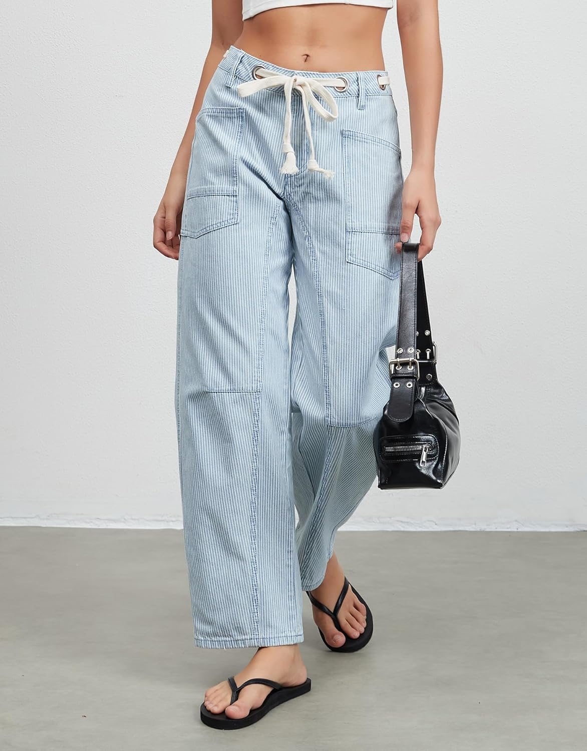 Kedera Women's Striped Barrel Jeans Trendy Mid Rise Wide Leg Baggy Pants Casual Y2K Loose Boyfriend Drawstring Jeans - Image 4