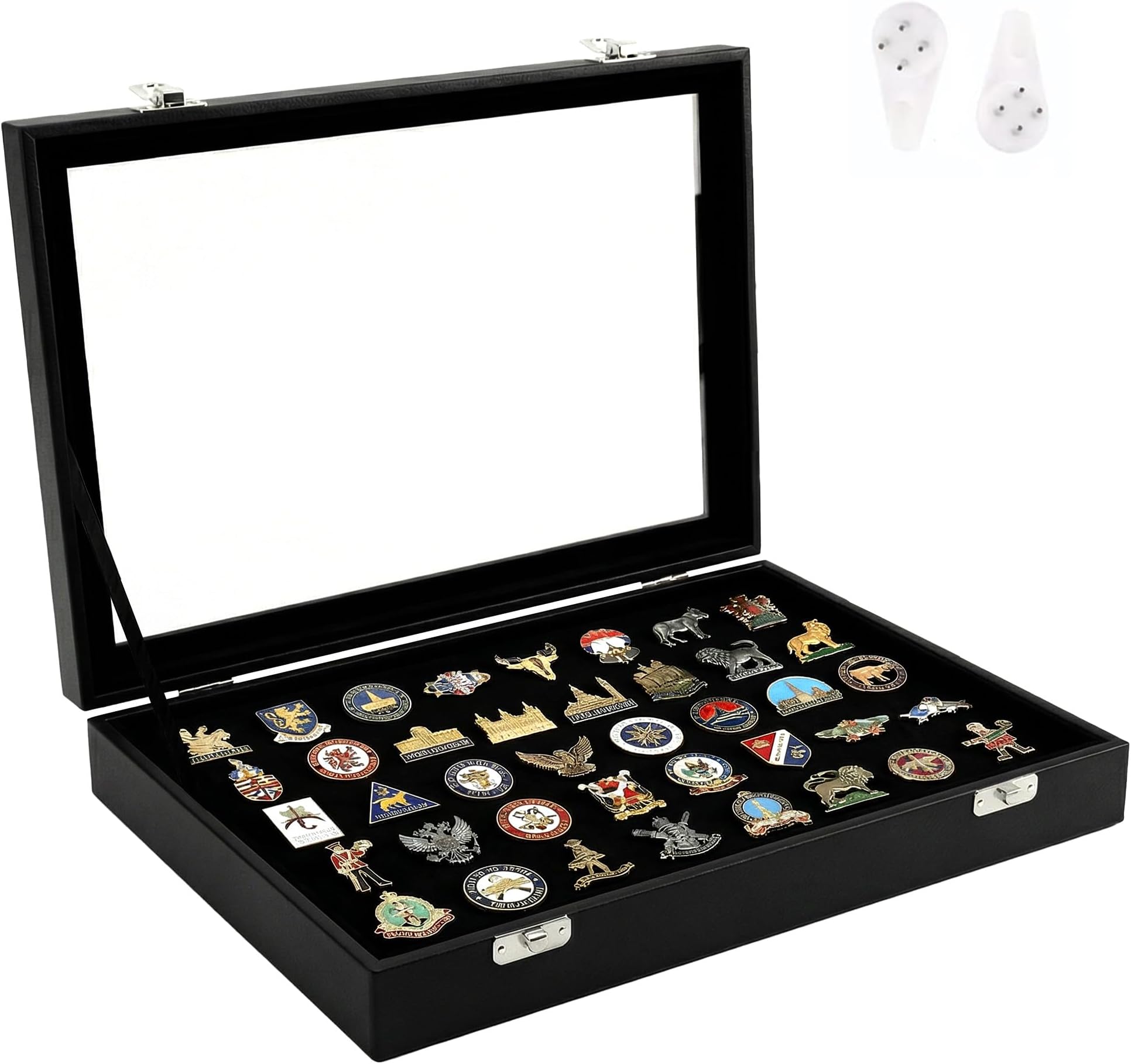 Wowagoga 11x8 Inch Dustproof Enamel Pin Display Case Shadow Box Frame with Hooks for Military Medal Jewelry Pin Badge Collection, Black