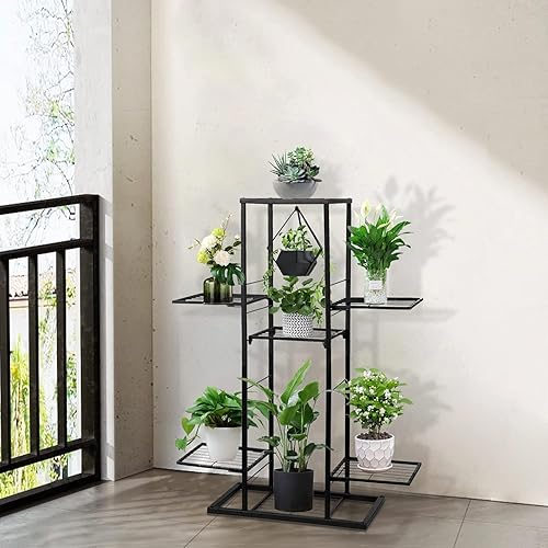 Miniatura 4 de OUDUOPLANT Soporte de metal para plantas de 5 niveles para interiores y exteriores, soportes negros para plantas de interior múltiples, estante