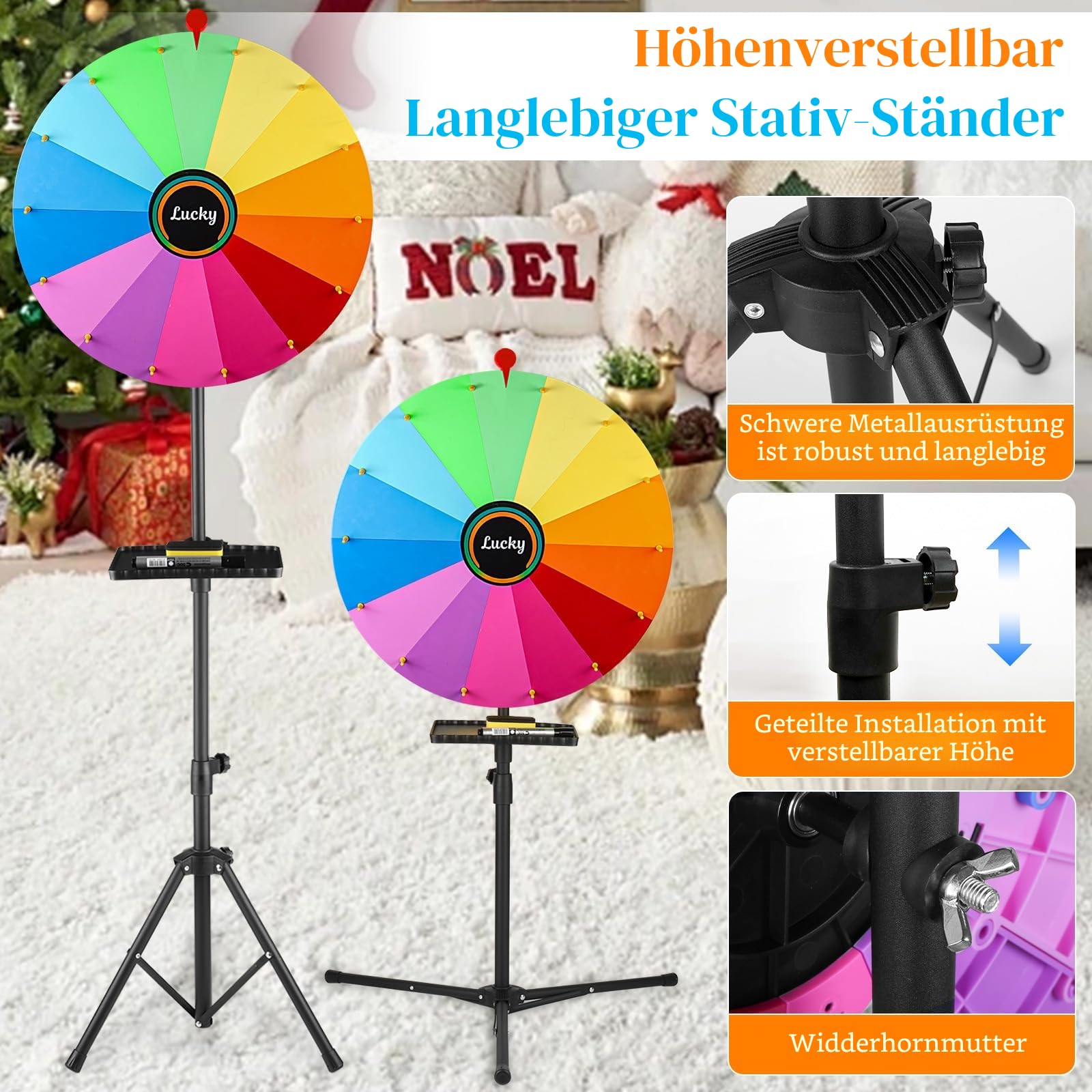 61 cm drehendes Preisrad,14 Farben, drehbares Kritzelspiel mit löschbarem Marker,verstellbar von 94 cm - 165cm, auf dem Boden stehend,verstaubares Glücksrad mit Ablage
