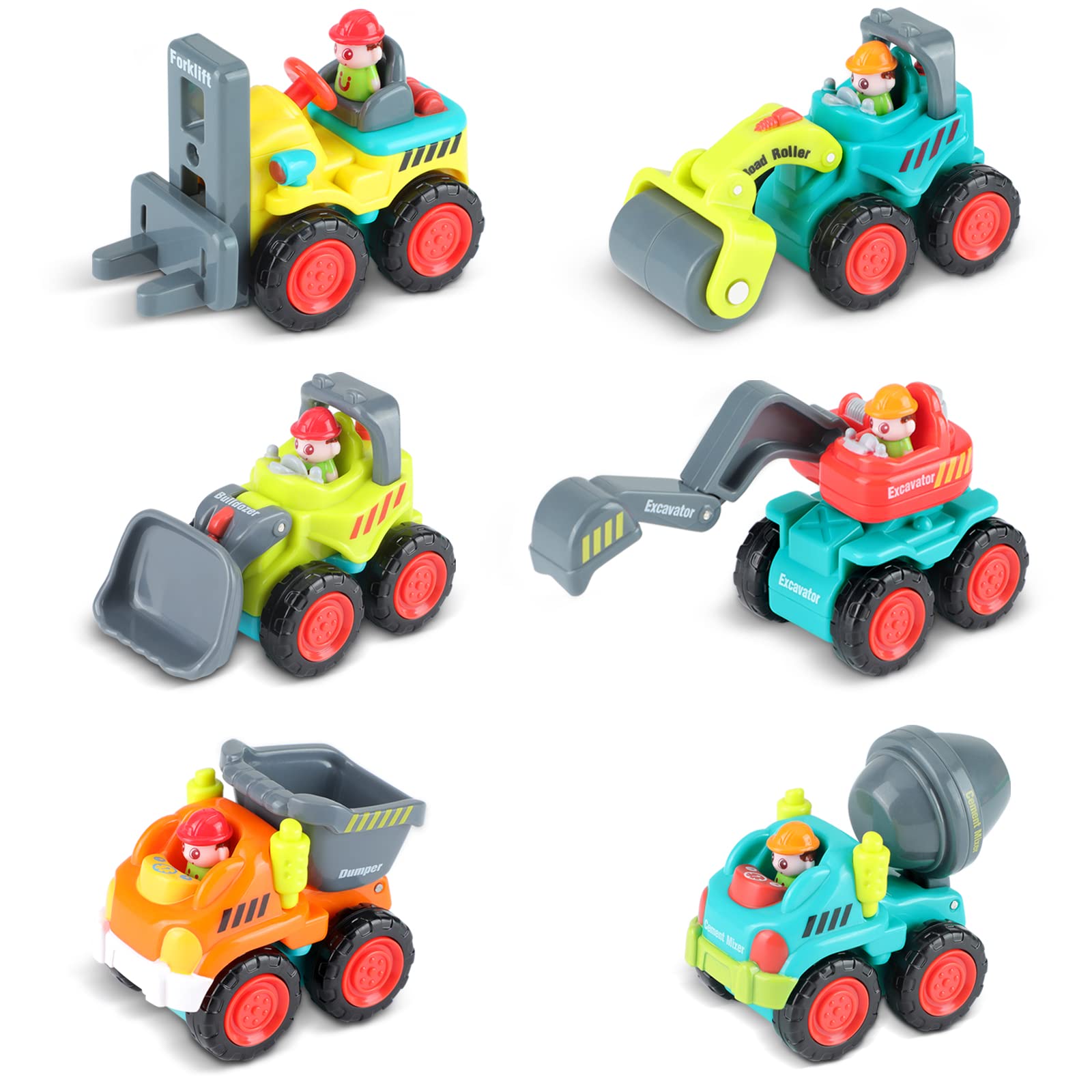 ANDOLO Trucks for Kids Toy, Mini Construction Vehicle Small Construction Toy Trucks Cake Topper Bulldozer Road Roller Push Excavator Dump Truck Toy Forklift Cement Mixer