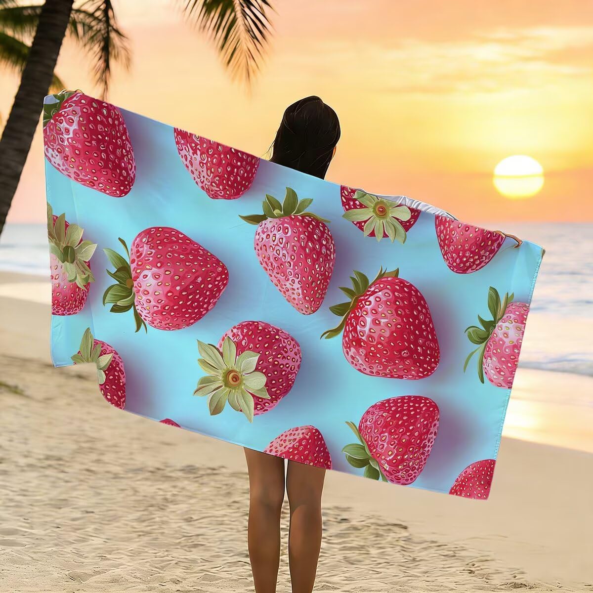 Telo Mare Microfibra, Telo Mare Grande 100x200cm 2 Pezzi, Asciugamano Palestra Donna Asciugatura Rapida, Antisabbia Asciugamano Microfibra, Leggero Asciugamani Palestra per Regalo (Fragola) -4256
