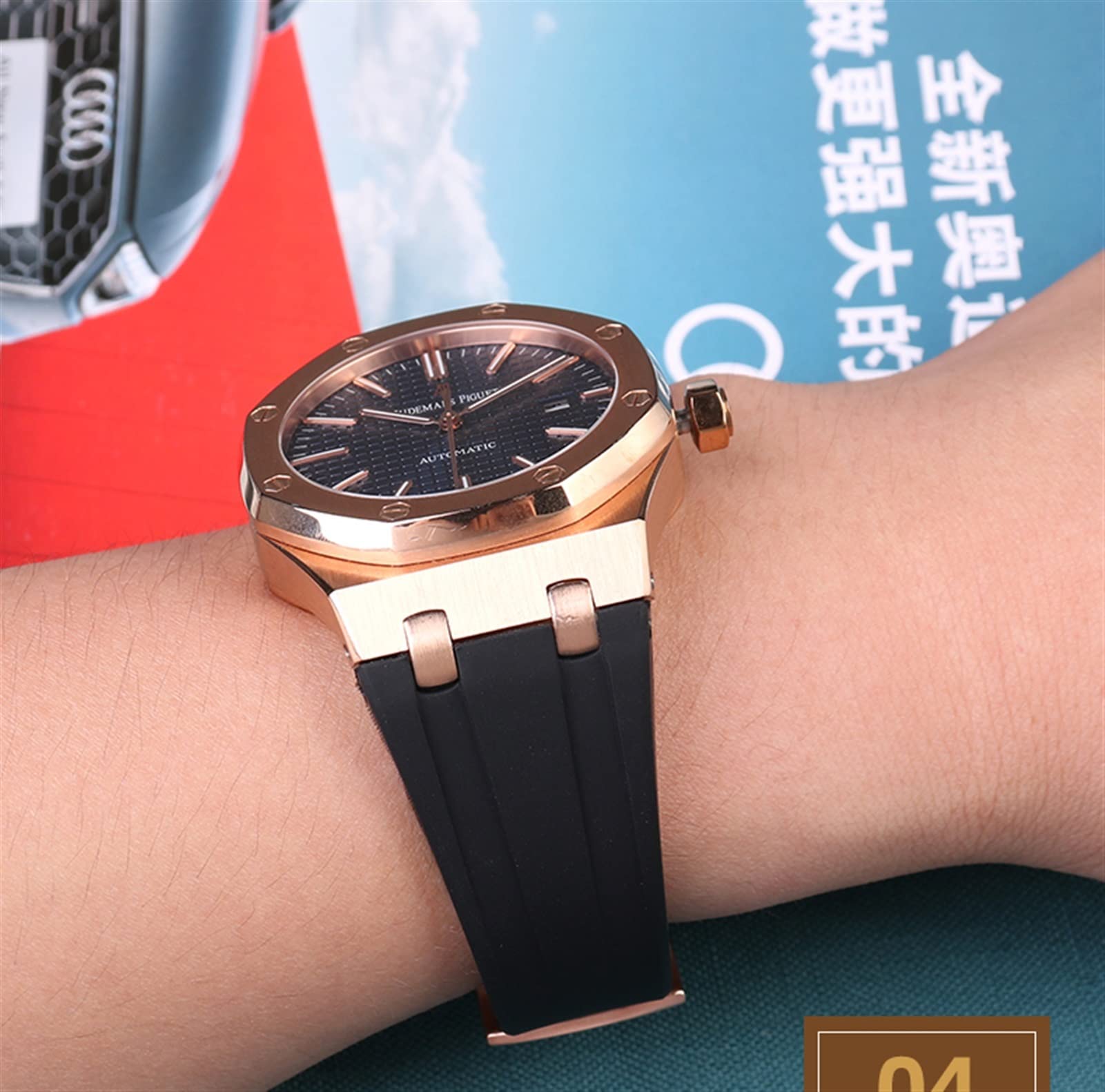 SKM Schwarzes Silikon-Gummi-Armband für Audemars für Piguet-Armbanduhr, 28 mm, AP-Band, Herren-Armband, Schmetterlings-Schnalle, Werkzeuge (Farbe: schwarze silberfarbene Schnalle, Gr??e: 28 mm)