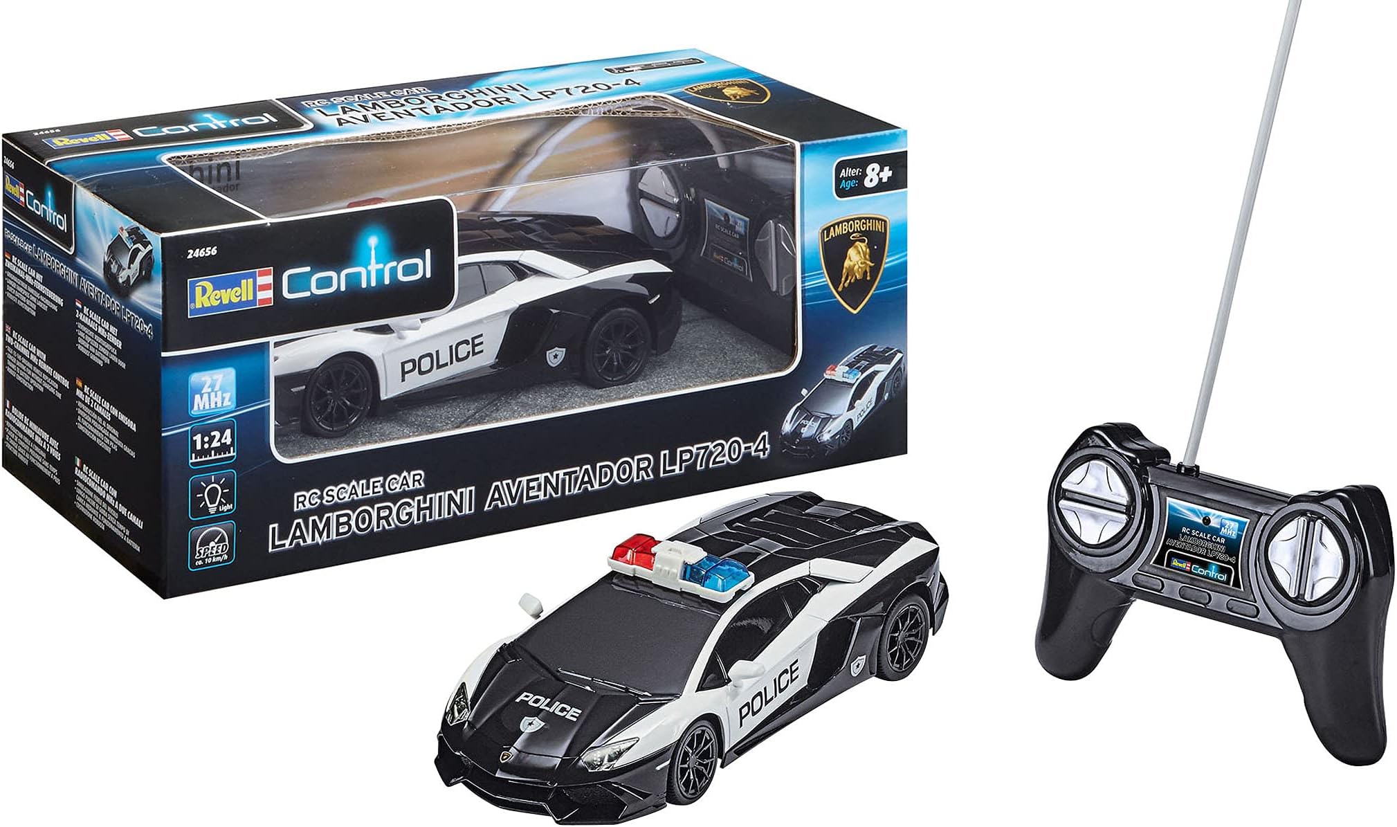 Revell Control 24656 - RC Police Car "Lamborghini" - remote controlled police car with MHz remote control, 1:24, detailed body, front and rear light, front suspension, rear wheel drive