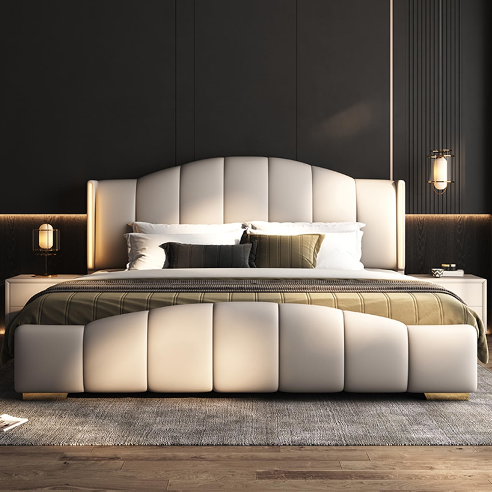 King Size Genuine Leather Bed Set Upholstered Platform Bed Frame with Wingback Headboard and Drawers Strong Wooden Slat