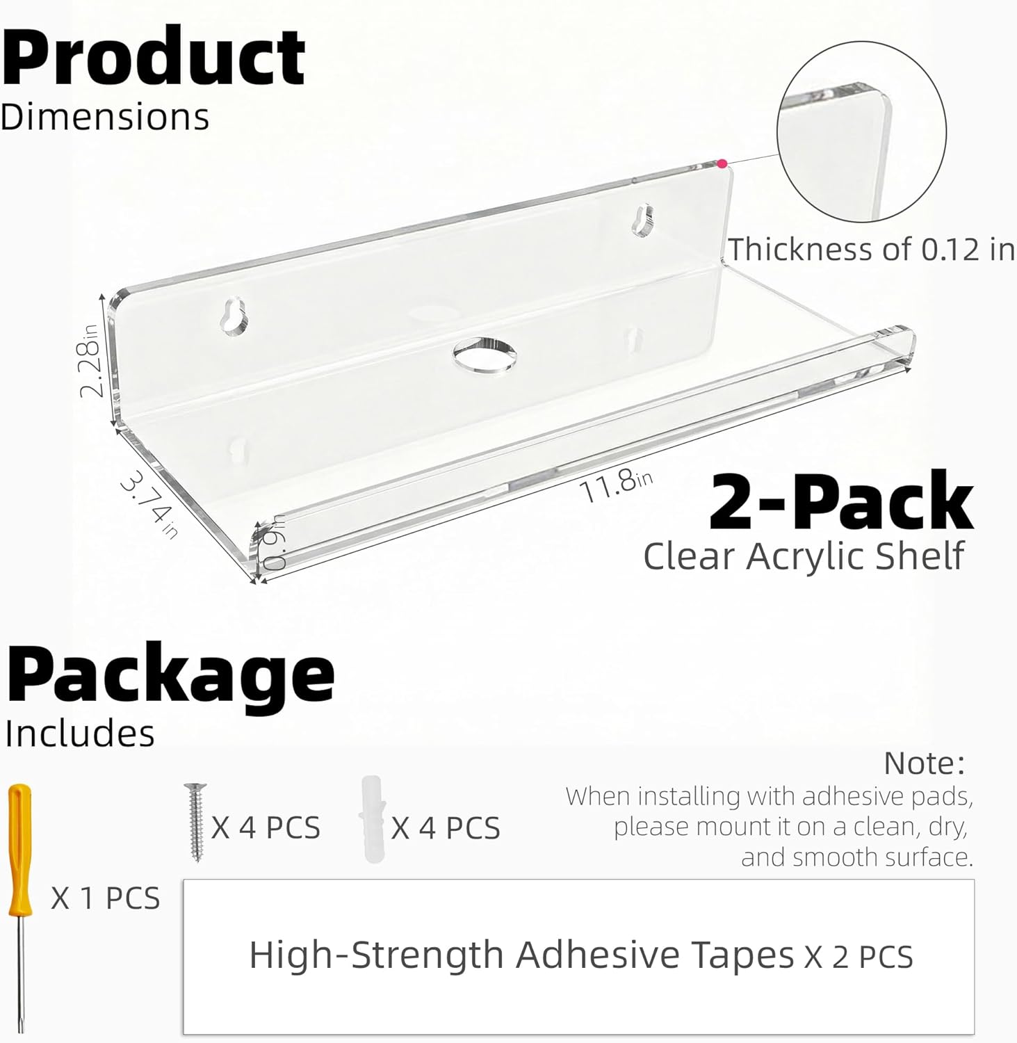 acrylic floating shelves, adhesive wall mount command shelves for bathroom, kitchen, dorm - renter-friendly easy install wall shelves for home decor and organization (fully clear-2 pack)