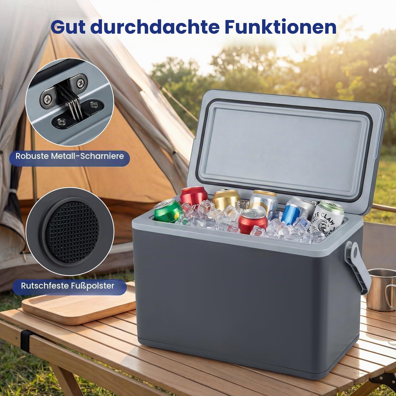 FANTASK 12 Liter Kühlbox, Mobile Kühlbox ohne Strom mit PU-Vollschaumisolierung, Isolierbox bis zu 2-3 Tage Kühlung für Camping, Picknick & Festivals (Dunkelgrau)
