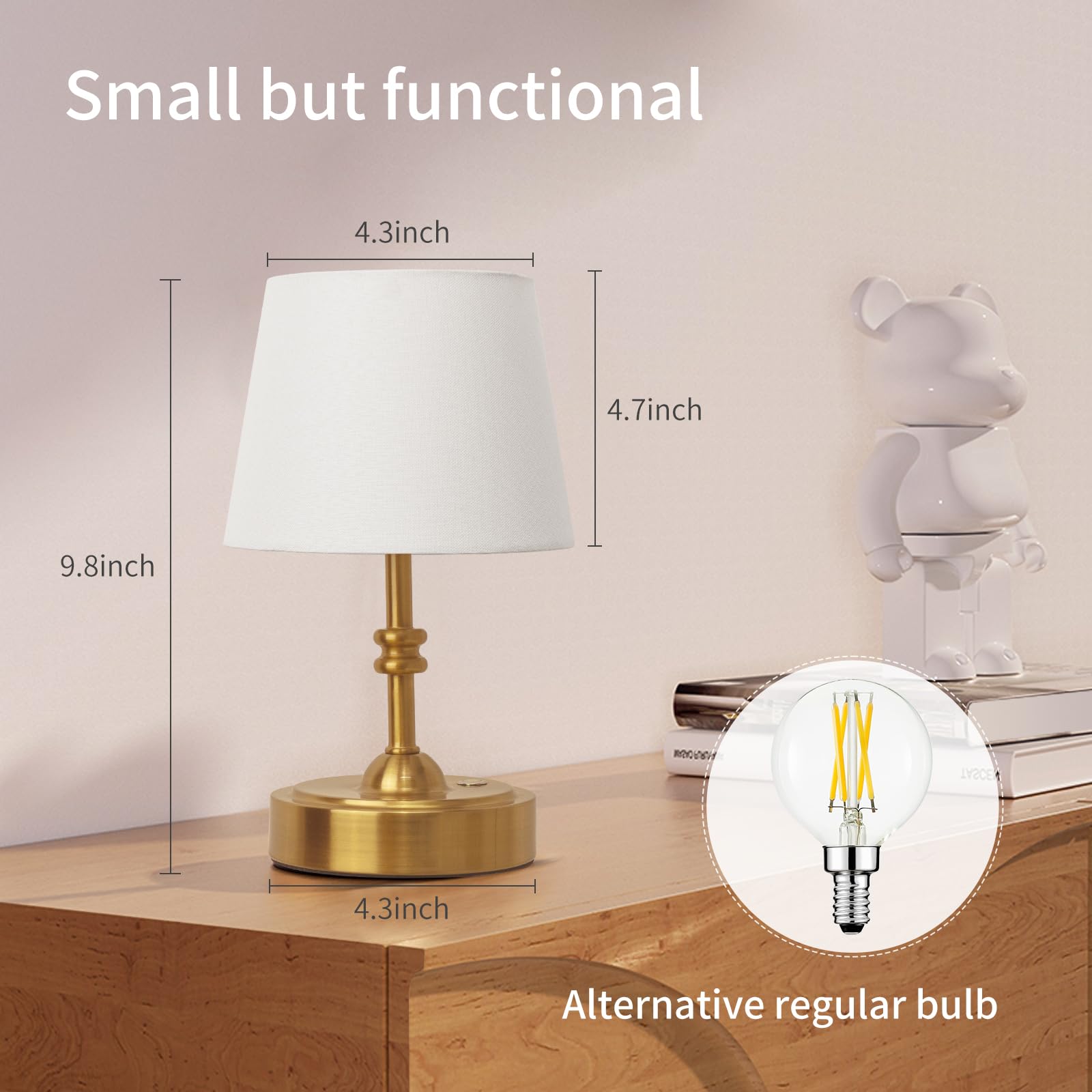 ONEWISH Pequeña lámpara inalámbrica regulable, lámpara de mesa con pilas, recargable de 4000 mAh, lámpara de noche táctil con pantalla de tela blanca, bombilla de 2700 K incluida, para comedor, patio
