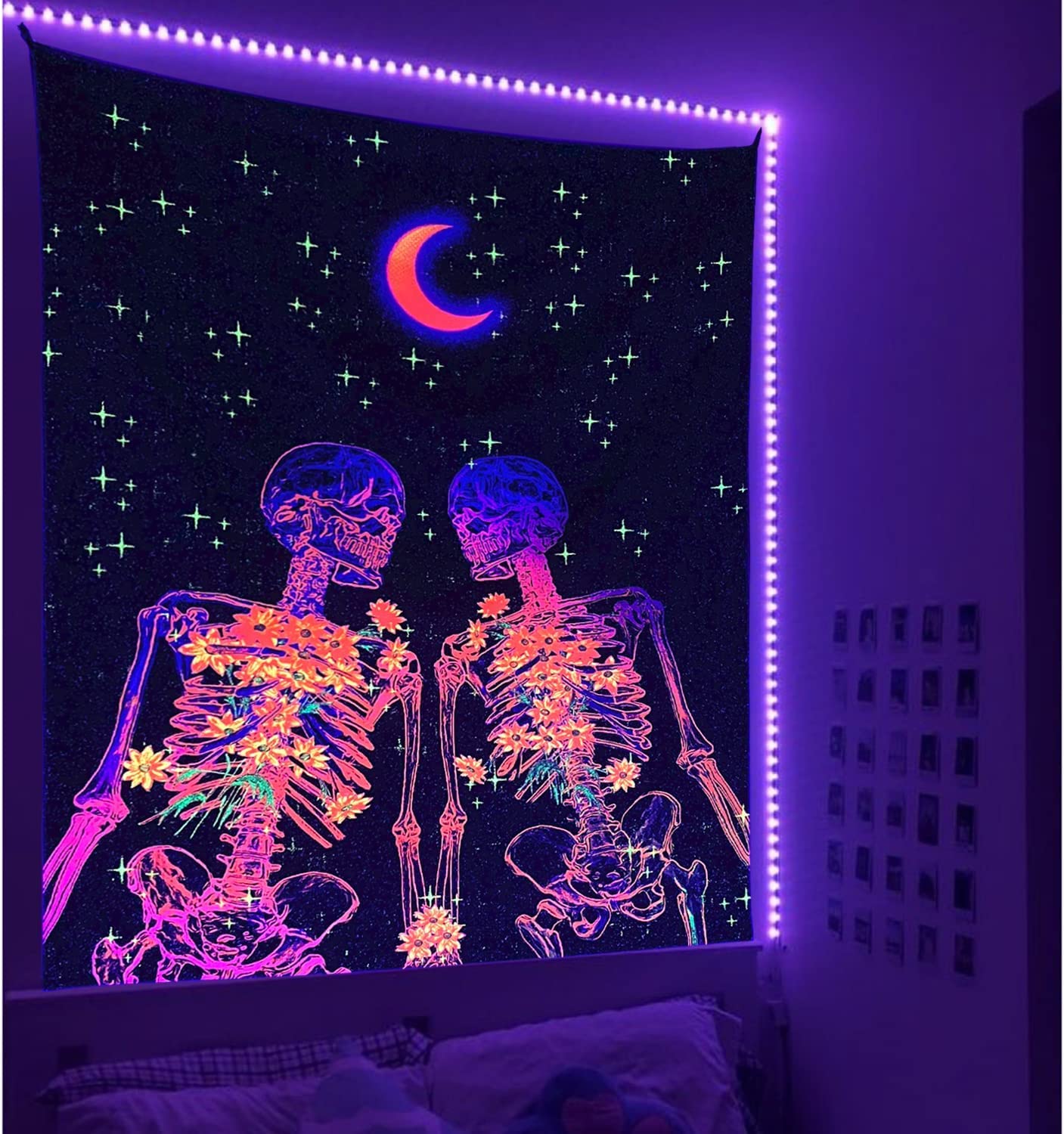 Blacklight Skull Tapestry Trippy Moon and Stars UV Reactive Neon Tapestries Sunflower Skeleton Lovers Tapestry Wall Hanging Glow in The Dark Party Tapestry for Bedroom (59 x 80 inches)