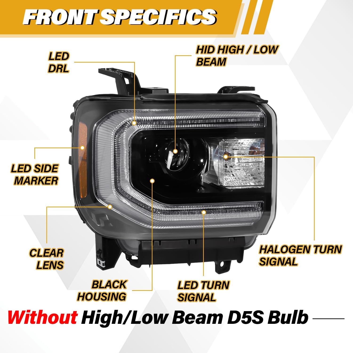 Xenon Headlight Assembly Compatible with GMC Sierra 1500 2016-2018 Headlamp, HID Projector Headlight with LED DRL for GM2502453 84046790 GM2503453 84046791, w/o D5S Bulb, Black Housing Pair