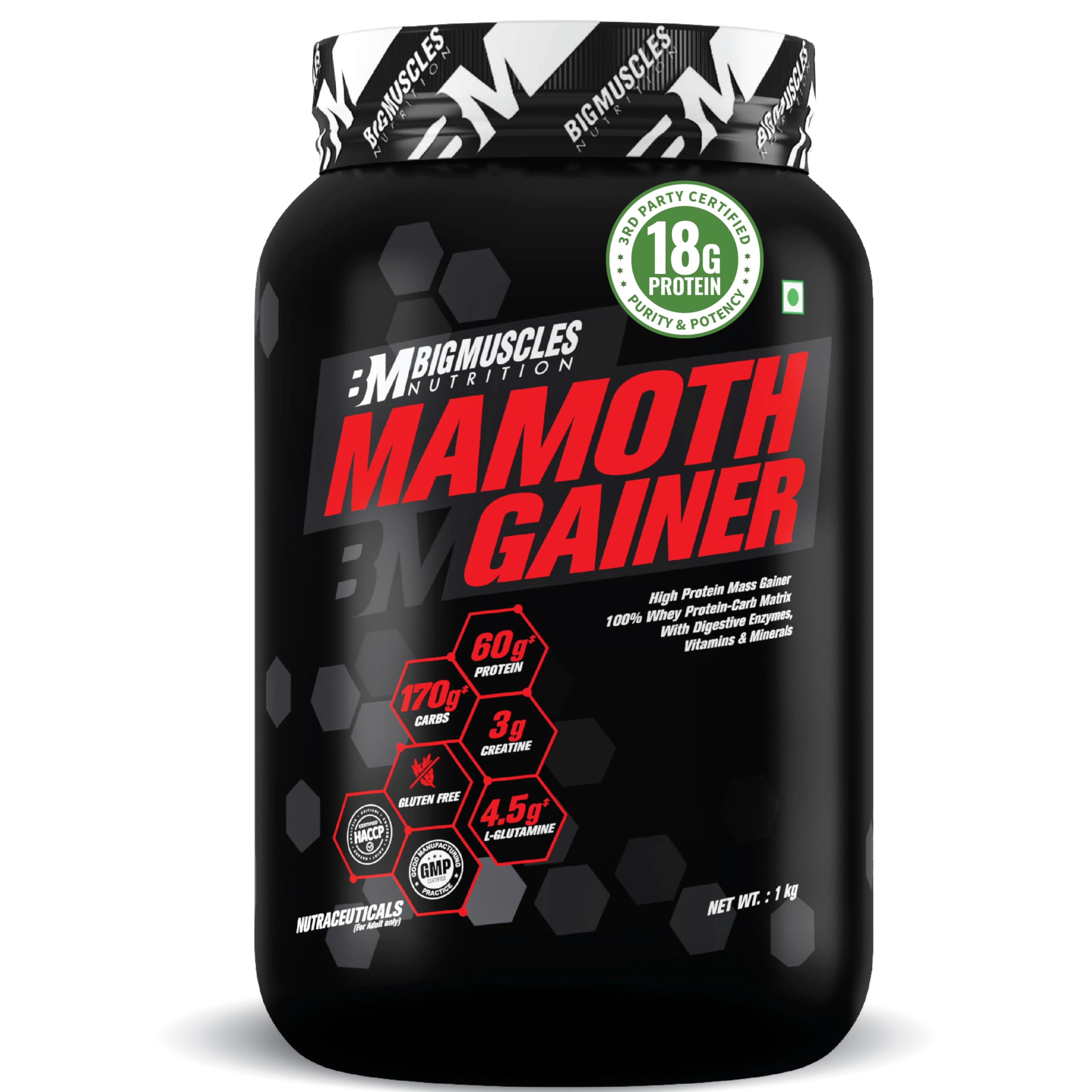Bigmuscles Nutrition Mamoth Gainer [Cookie & Cream, 1Kg] | | with Vitamins & Minerals, Creatine & Digestive Enzymes | High Protein Muscle Mass & Weight Gainer