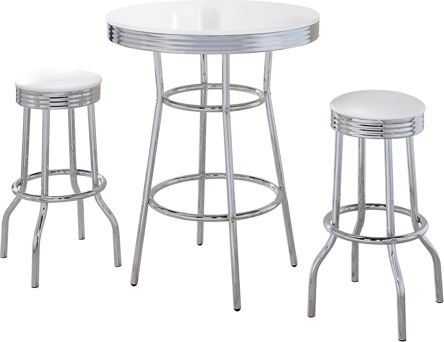 Coaster Home Furnishings - Retro 1950s - 3-Piece Bar Set - Metal & Laminate - Round Table, Swivel Bar Stools, Chrome Table Legs - Home Bar Furniture, Dining Room and Kitchen - Black & Chrome - 2405-S3