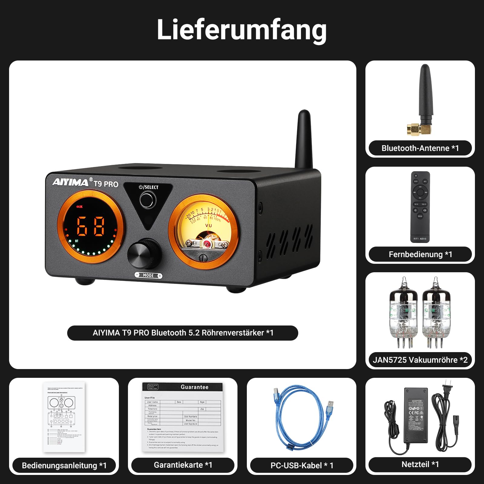 AIYIMA T9PRO 2.1-Kanal-Stereoverstärker mit TPA3250-Röhren-Bluetooth-DAC | HiFi-Klasse-D-Verstärker mit ES9018K2M,QCC3040 aptX,VU-Meter und Digitalanzeige,Höhen/Bässen,AUX-Ausgang,für Heimlautsprecher