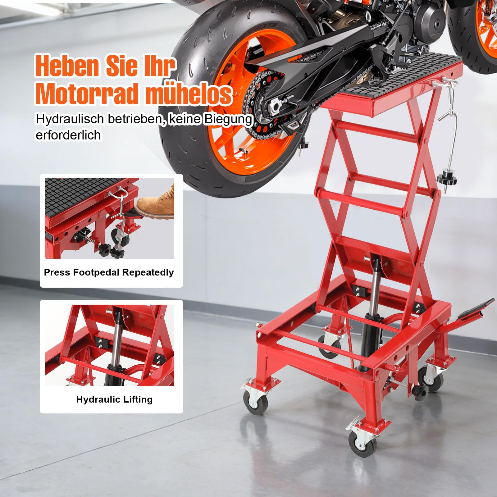 Sollevatore Idraulico per Moto con Pedale, Cavalletto Centrale a Pantografo per Moto, ATV, Enduro – Regolazione Altezza 350‑905 mm, Carico Max 158 kg, con 4 Ruote e Rotelle Universali