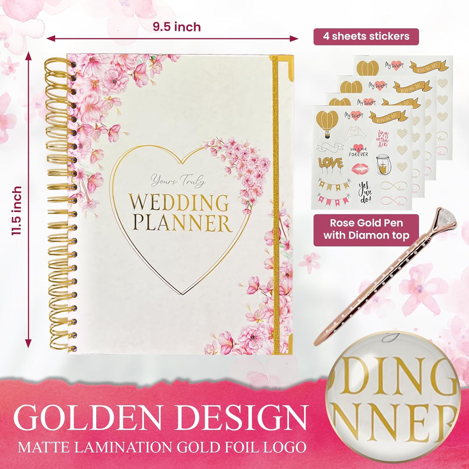 3 Pieces Wedding Planner Wedding Planner Book with Rose Gold Pen and Stickers 9.5 x 11.5 Wedding Book Wedding Gifts Wedding Planning Book and Organizer Bride Book