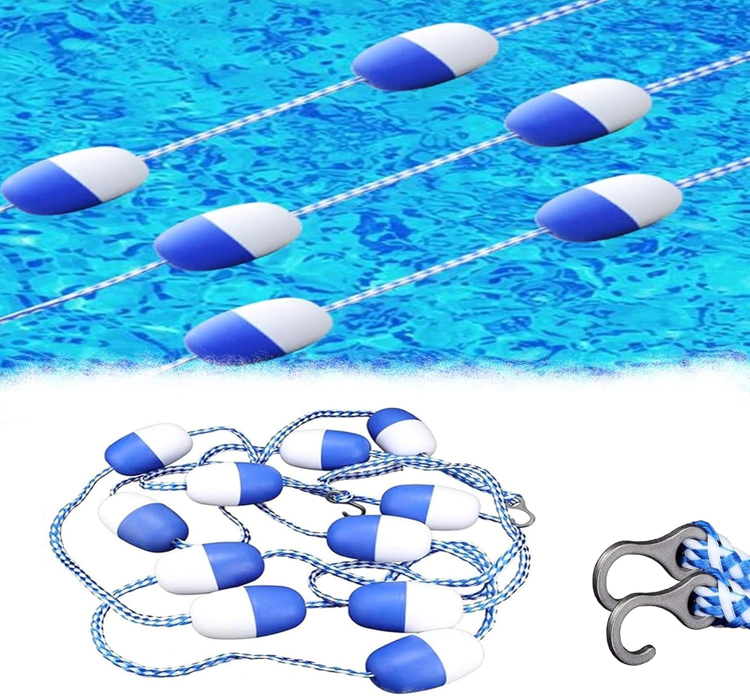 Pool Rope Floats to Divide Pool, 28ft/8.5m Swimming Pool Safety Float Line Divider Rope Kits, with 2 Pre-Assembled Stainless Hooks Pool Accessories, for Inground Swimming Pool, Rope Buoy