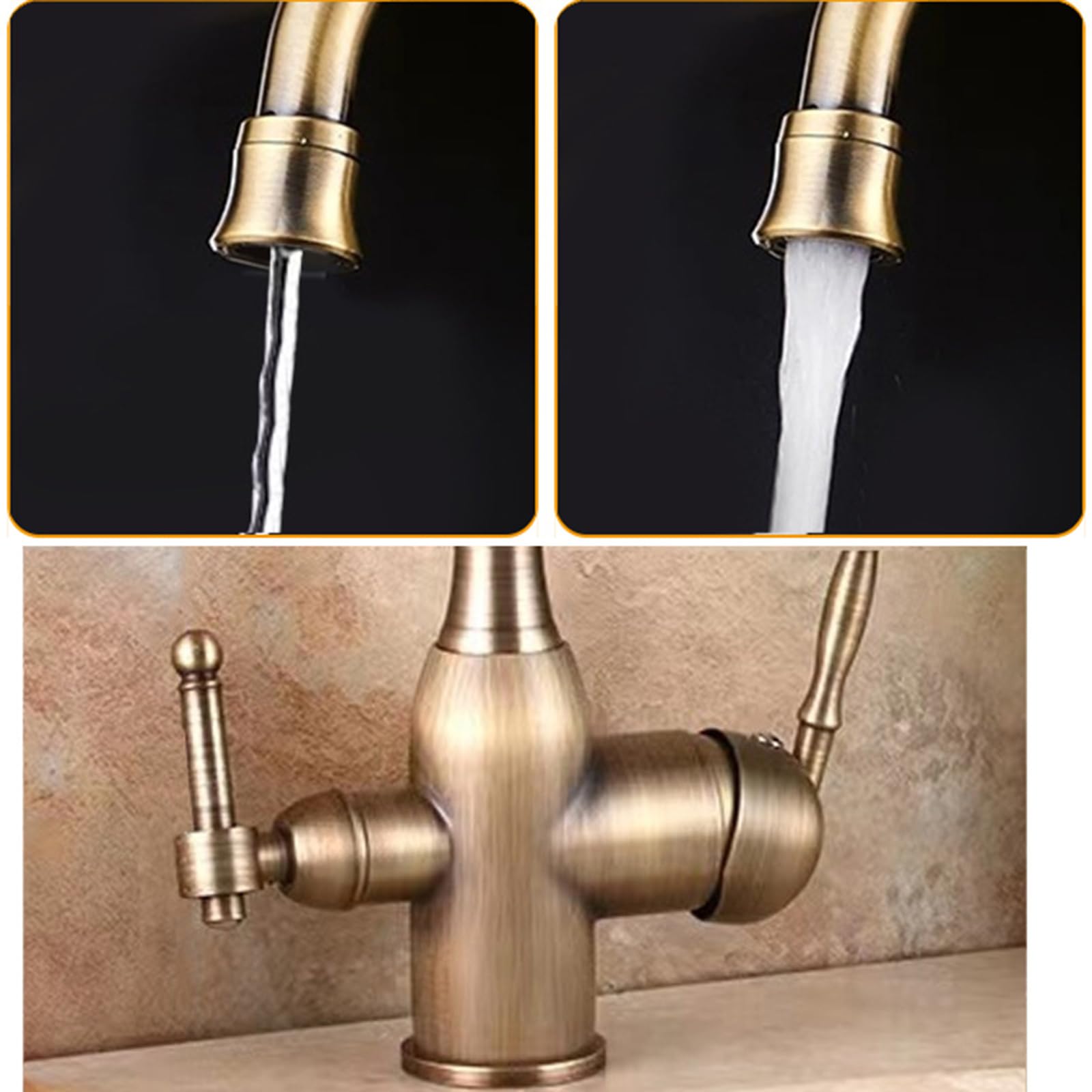 XJTNLB Grifo 3 Vias Osmosis Antiguo Grifo de Cocina Doble Salida Griferia Cocina 3 en 1 Giratorio a 360° Mezclador Agua Fría y Caliente