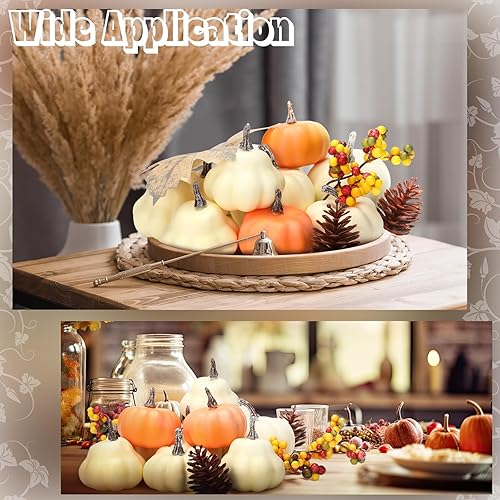 Miniatura 6 de Geelin Juego de 34 calabazas artificiales surtidas de otoño, mini calabazas falsas con hojas de arce, piñas, bayas, decoración de cosecha de otoño