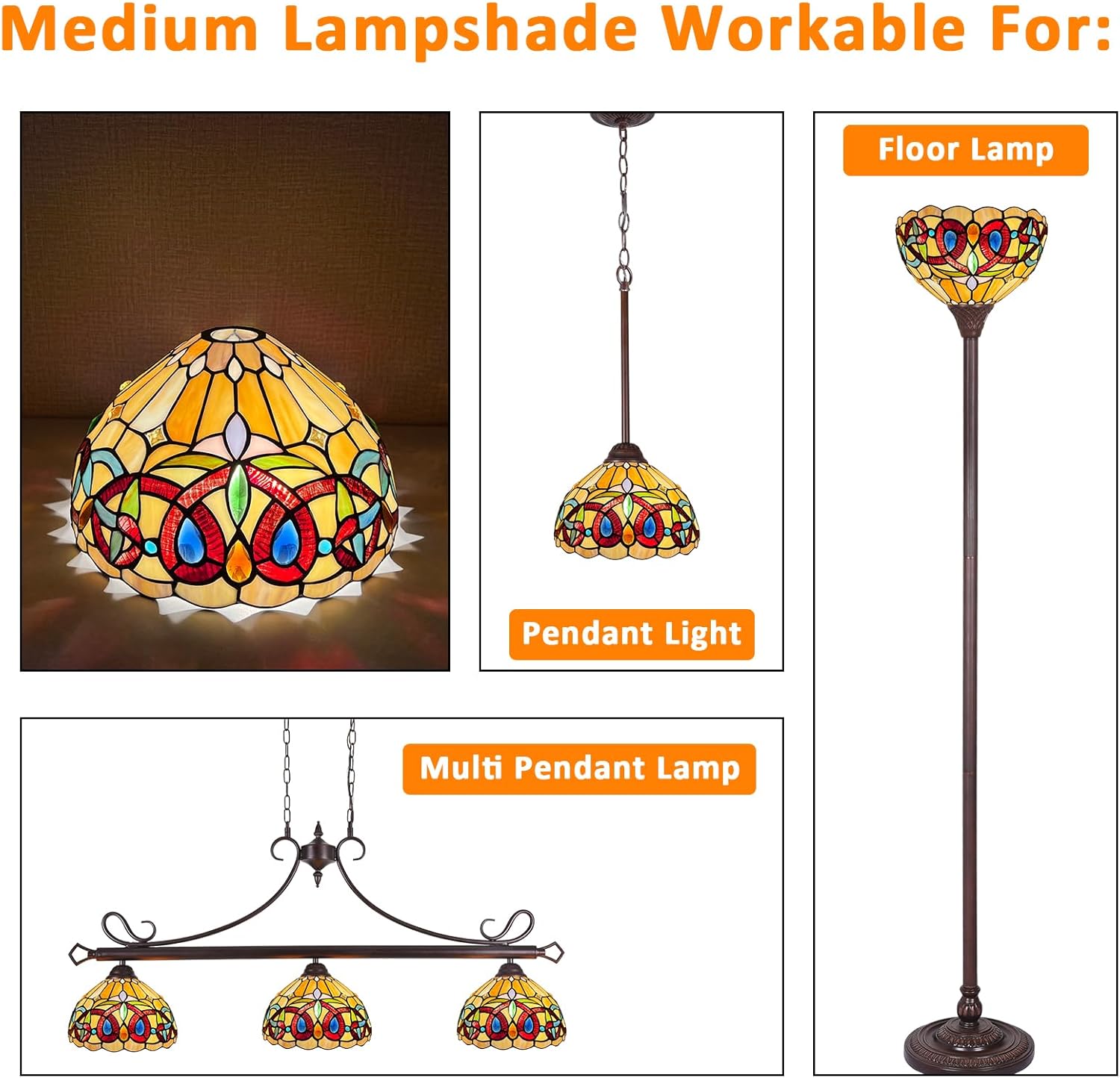 Capulina Tiffany Lamp Shade 12 Inches Wide Accessories Replacement Cream Brown Style Stained Glass Lampshade for Torchiere Floor Lamp and Pendant Light