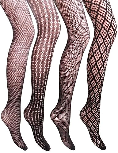 VERO MONTE Women Patterned Fishnet Tights Black Fishnets Net Stockings Pantyhose - Small-Large - Strip & Diamond, Black, 4 Pairs 4 Styles