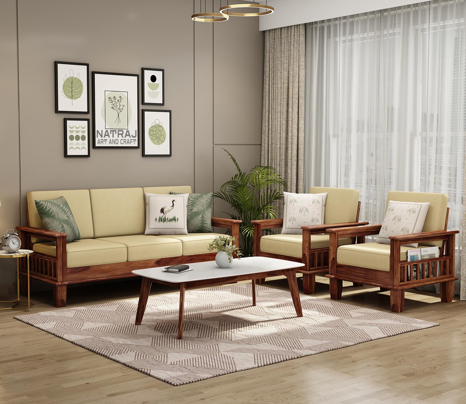 NATRAJ ART & CRAFT Wooden Solid Sheesham Wood 5 Seater Sofa Set with Cream Cushions (5 Seater Sofa | 3+1+1, Teak Finish)