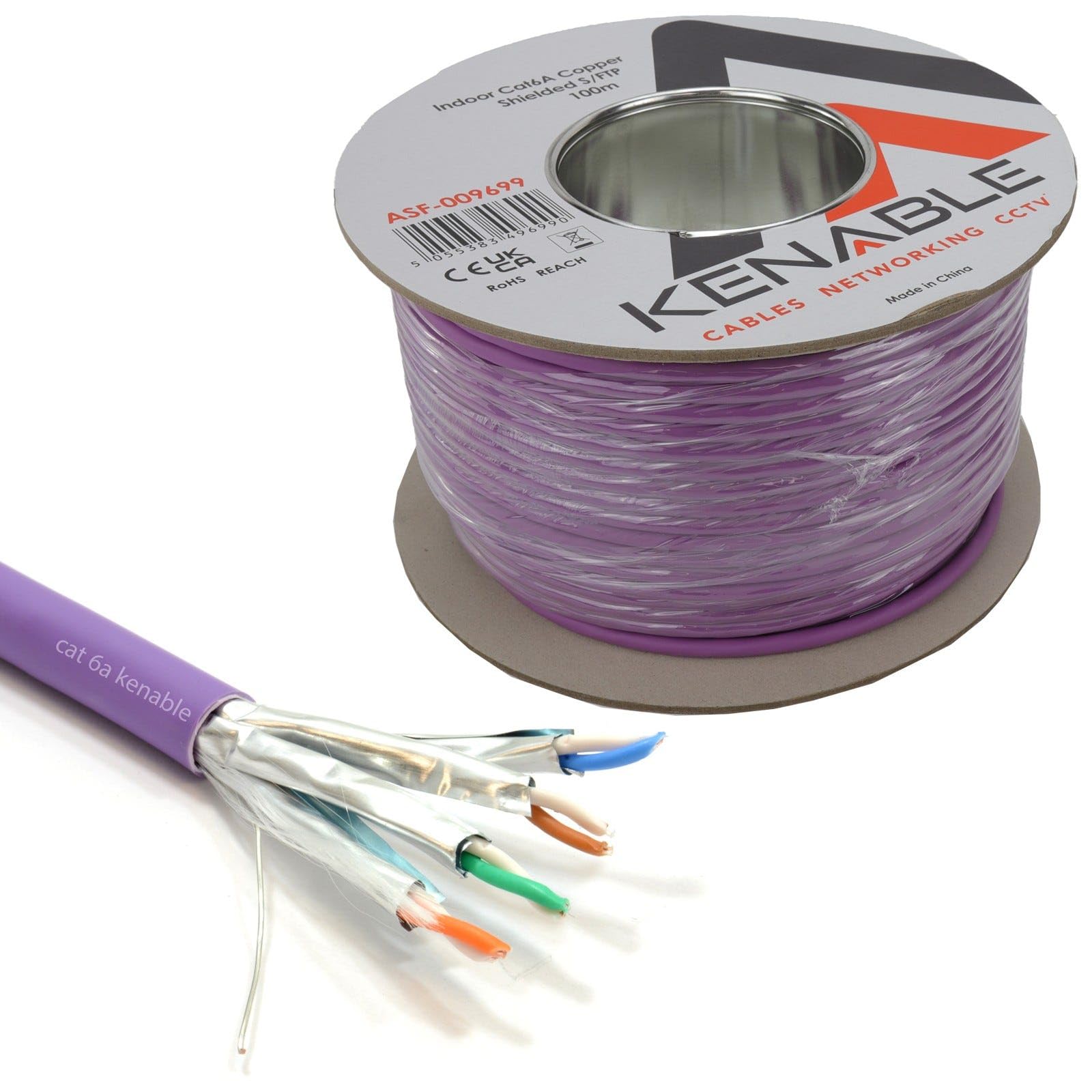 kenable Cable de Red Cat6A S/FTP Cobre Puro LSZH Libre de Humos 10 Gigabit Ethernet Bobina 100 m [100 metros/100m] Morado