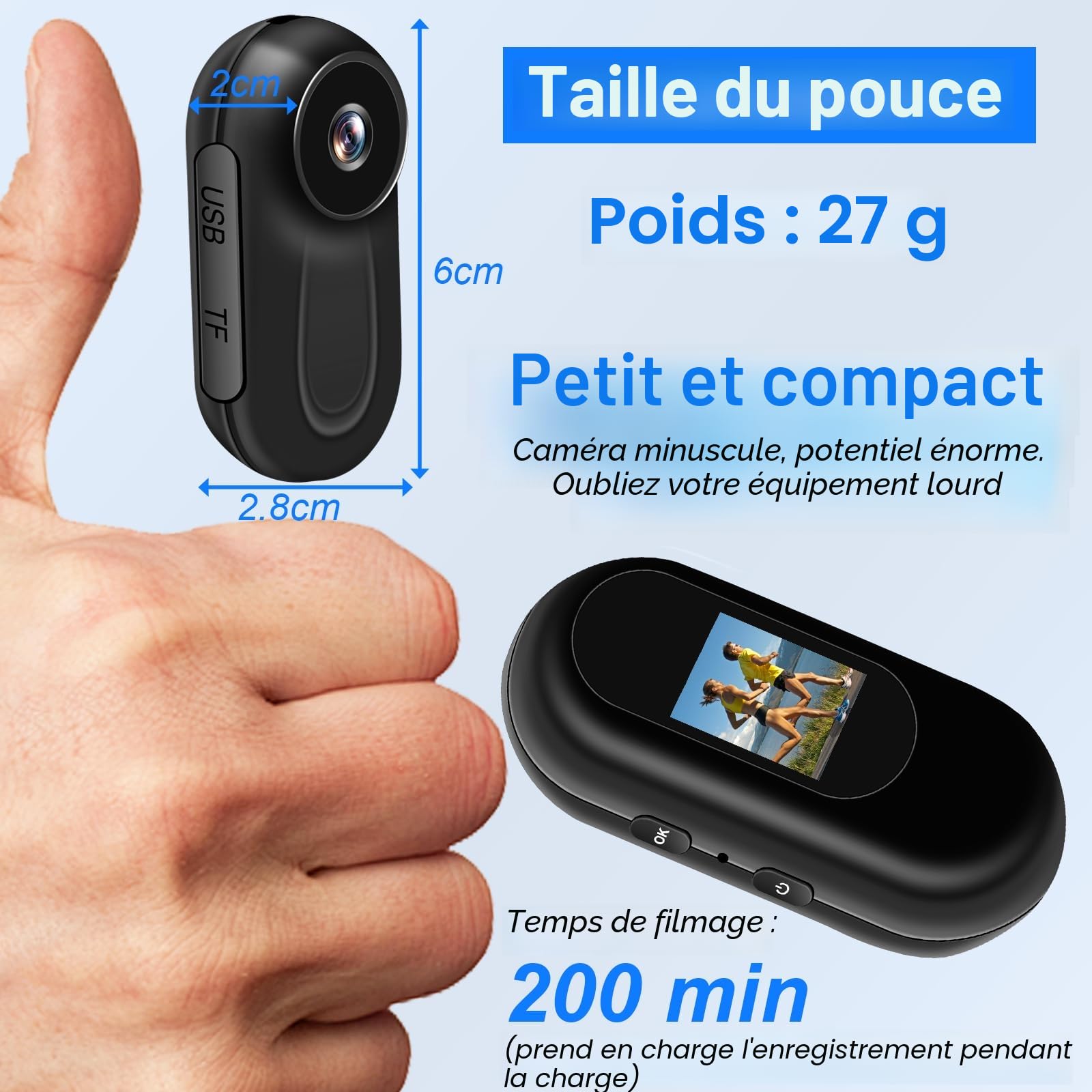 Mini Camera, Clip Rotatif 360°Camera Pieton, Vidéo et Audio HD 1080P Caméra d'action, Body Cam avec Accessoires Multifonctions Motos, Vélos et Casques Caméra Corporelle Portable