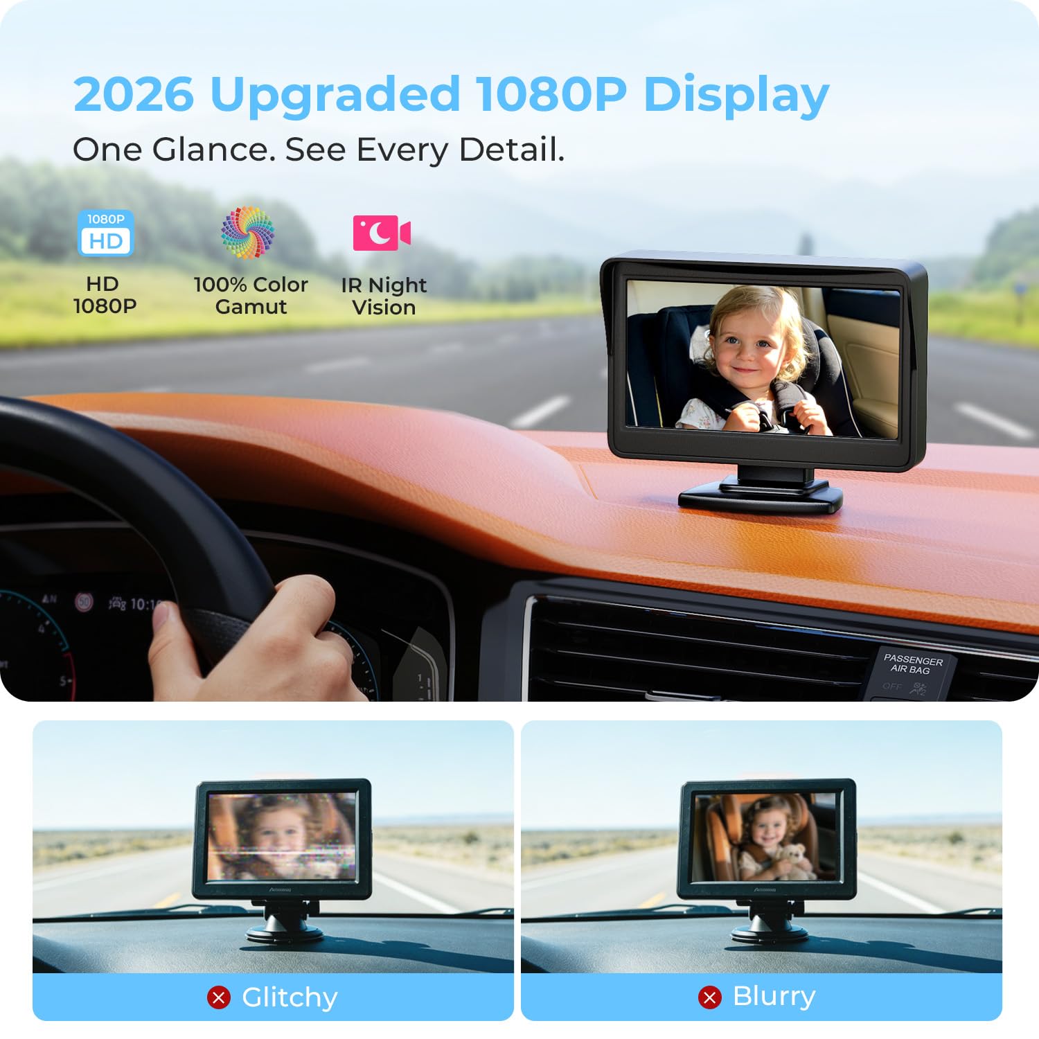 FEISIKE Espejo de bebé para coche, cámara de coche de bebé con visión nocturna, ver al bebé en el asiento trasero con pantalla HD de 4.3 pulgadas, observa cada movimiento del bebé en cualquier momento
